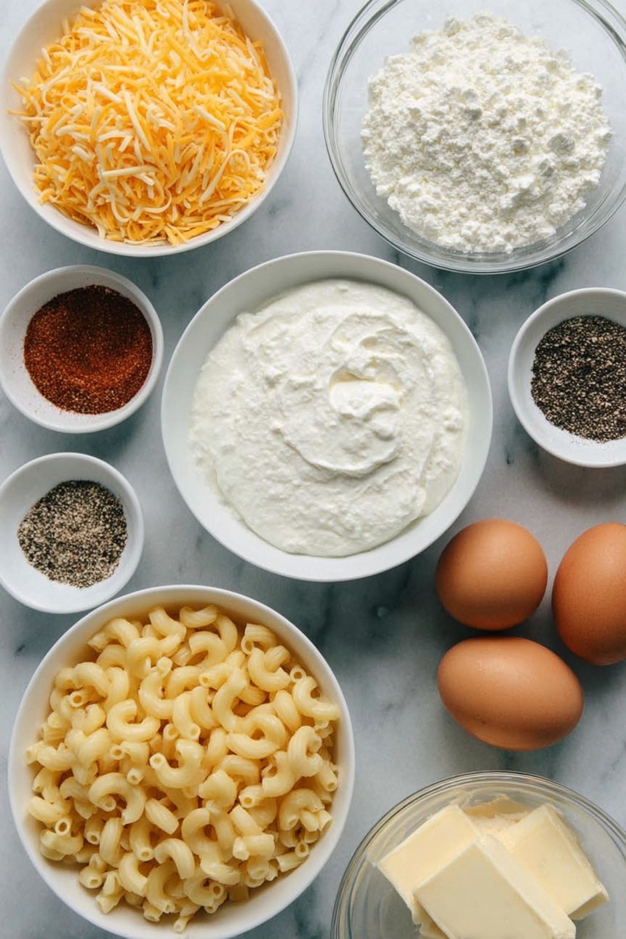 Creamy Baked Mac and Cheese, baked mac and cheese recipe, cheesy baked macaroni, comfort food recipes, homemade mac and cheese - Flat lay of a small white ceramic bowl of softened cream cheese, a small white ceramic bowl of half and half, a small white ceramic bowl of heavy cream, a small white ceramic bowl of kosher salt and freshly cracked black pepper, two whole uncracked large brown eggs, a small white ceramic bowl of smoked paprika, a small white ceramic bowl holding a blend of garlic powder, onion powder, and mustard powder, a simple white ceramic bowl of cubed American cheese, a simple white ceramic bowl of shredded part-skim mozzarella cheese, a simple white ceramic bowl each of shredded sharp cheddar cheese and shredded Colby jack cheese, a nest of uncooked elbow macaroni, and a small white ceramic bowl of butter, all arranged symmetrically and naturally fresh, placed on a clean white marble surface, soft natural light, photo taken with an iPhone, professional food photography style, fresh ingredients, white ceramic bowls, no bottles, no duplicates, no utensils, no packaging --ar 2:3 --v 7 --p m7354615311229779997