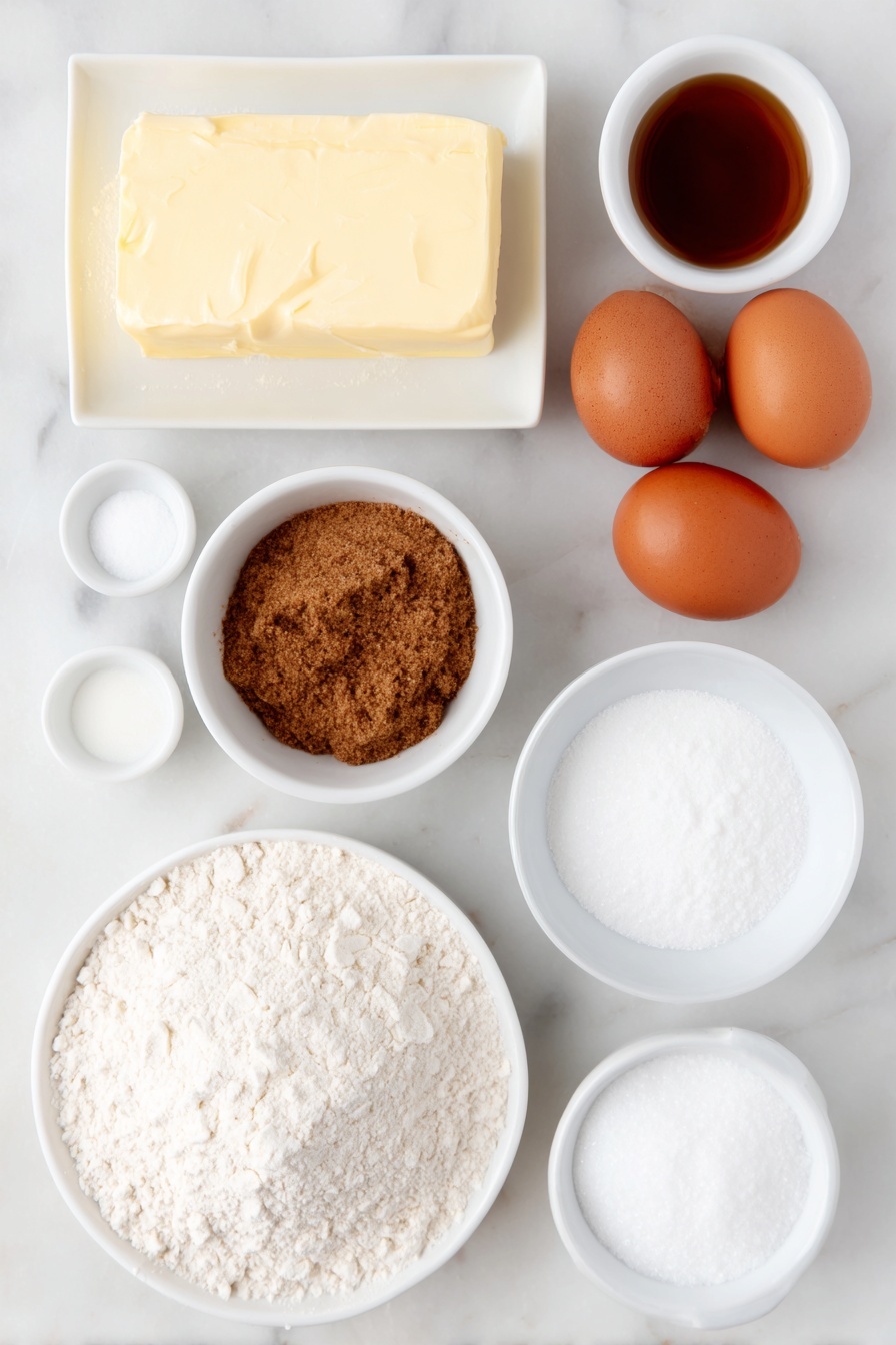 Cinnamon Cookie Bites, Cinnamon Cookie Bites with Sweet Filling, cinnamon-filled cookies, chewy cinnamon cookies, easy cinnamon cookie recipe - Flat lay of a stick of salted butter softened with a smooth creamy texture, a small white ceramic bowl filled with packed brown sugar, a small white ceramic bowl of ground cinnamon, a mound of fine granulated sugar on a simple white ceramic plate, two whole uncracked large brown eggs with clean shells, a small white ceramic bowl of vanilla extract, a heap of spooned and leveled all-purpose flour, a small white ceramic bowl of coarse kosher salt, a small white ceramic bowl of smooth cream of tartar powder, and a small white ceramic bowl of baking soda powder — all ingredients arranged with perfect symmetry on a clean white marble surface, soft natural light, photo taken with an iPhone, professional food photography style, fresh ingredients, white ceramic bowls, no bottles, no duplicates, no utensils, no packaging --ar 2:3 --v 7 --p m7354615311229779997