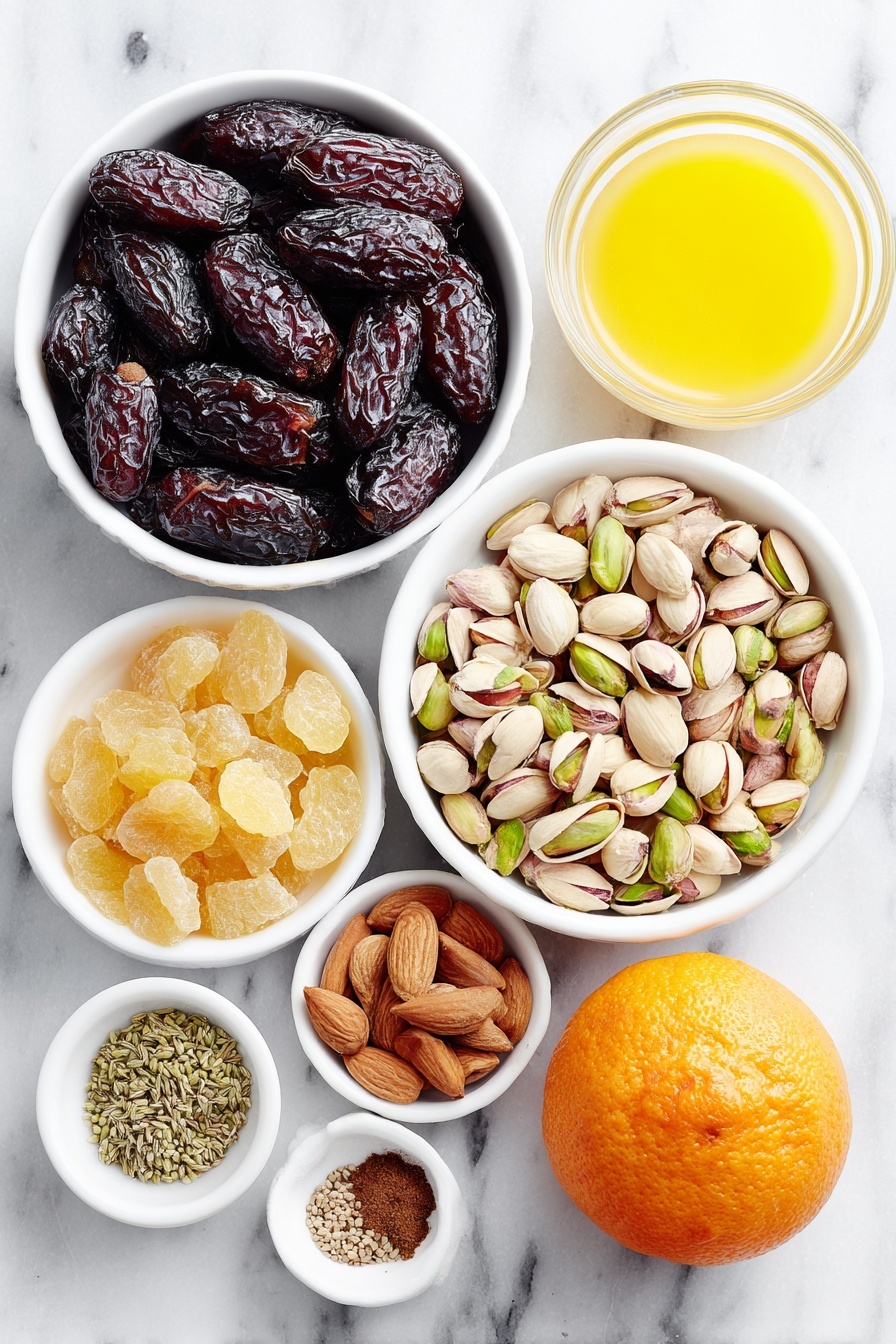 Festive Sugar Plum Balls, holiday fruit treats, no-bake holiday desserts, Christmas sweet snacks, simple holiday party sweets - Flat lay of a simple white ceramic bowl of mixed dried figs, dates, and raisins, a small white bowl filled with glistening crystallized ginger pieces, a handful of whole almonds, pistachios in shells, and pine nuts arranged neatly on the side, a whole large fresh orange with zest scattered alongside a small white bowl of bright orange juice, a separate small white bowl containing ground cinnamon, another small white bowl with ground cardamom, a small white bowl of ground ginger powder, a small white bowl filled with caraway seeds, and a tiny white bowl holding ground cloves, all ingredients fresh and natural, perfectly balanced and symmetrical, placed on a clean white marble surface, soft natural light, photo taken with an iPhone, professional food photography style, fresh ingredients, white ceramic bowls, no bottles, no duplicates, no utensils, no packaging --ar 2:3 --v 7 --p m7354615311229779997