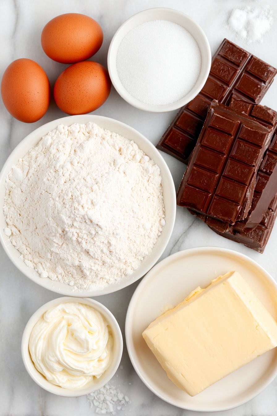 French Silk Chocolate Pie, decadent chocolate pie, easy chocolate dessert, silky chocolate pie, homemade chocolate pie - Flat lay of a small mound of all-purpose flour, a few grains of sea salt scattered nearby, a small heap of granulated sugar, a chilled square of shortening, a cluster of three smooth whole brown eggs, a few pieces of semisweet chocolate bars, a softened slab of salted butter, a small white bowl of powdered sugar, two small white bowls filled with heavy whipping cream, a small white bowl containing pure vanilla extract, all arranged symmetrically on a clean white ceramic plate and white ceramic bowls, placed on a clean white marble surface, soft natural light, photo taken with an iPhone, professional food photography style, fresh ingredients, white ceramic bowls, no bottles, no duplicates, no utensils, no packaging --ar 2:3 --v 7 --p m7354615311229779997