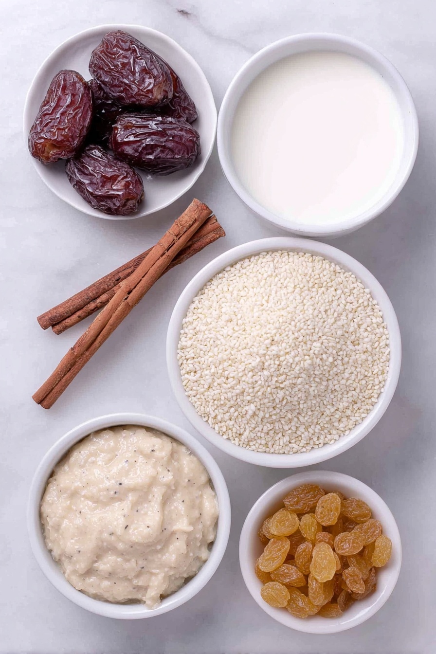 Creamy Cinnamon Rice Pudding, cinnamon rice pudding, homemade rice pudding, easy rice pudding, comforting dessert - Flat lay of a fresh cinnamon stick about 3 to 4 inches long, a small mound of white Arborio rice, a few plump golden raisins, a small white ceramic bowl filled with whole milk, a small white ceramic bowl filled with clear water, a small white ceramic bowl containing granulated sugar, a small white ceramic bowl with creamy vanilla bean paste showing tiny black vanilla seeds, all arranged symmetrically on a clean white marble surface, soft natural light, photo taken with an iPhone, professional food photography style, fresh ingredients, white ceramic bowls, no bottles, no duplicates, no utensils, no packaging --ar 2:3 --v 7 --p m7354615311229779997