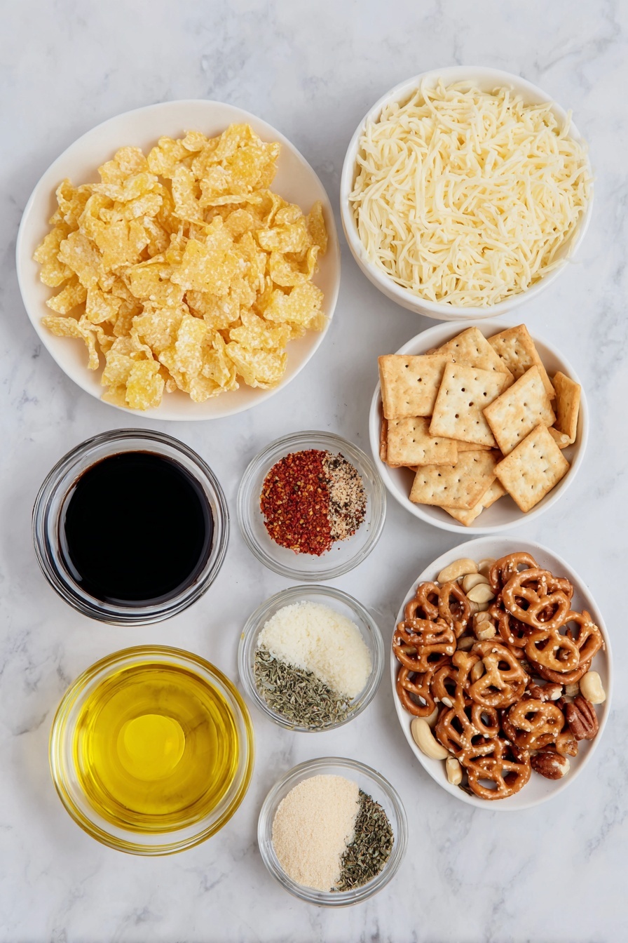 Christmas Savory Snack Mix, festive savory snack mix, holiday party snack ideas, easy holiday snack recipe, flavorful Christmas snack mix - Flat lay of a small heap of original Shreddies cereal, a handful of mini pretzels, a small pile of salted mixed nuts, a cluster of cheese crackers, a small white ceramic bowl with melted butter, a small white ceramic bowl with golden olive oil, a small white ceramic bowl each containing dark balsamic vinegar and clear rice vinegar, a small white ceramic bowl with dark Worcestershire sauce, tiny white ceramic bowls with garlic powder, onion powder, dried basil, dried oregano, dried parsley, dried red chili flakes, salt, and ground black pepper, and a small mound of finely grated parmesan cheese on a simple white ceramic plate, all arranged symmetrically and naturally, placed on a clean white marble surface, soft natural light, photo taken with an iPhone, professional food photography style, fresh ingredients, white ceramic bowls, no bottles, no duplicates, no utensils, no packaging --ar 2:3 --v 7 --p m7354615311229779997