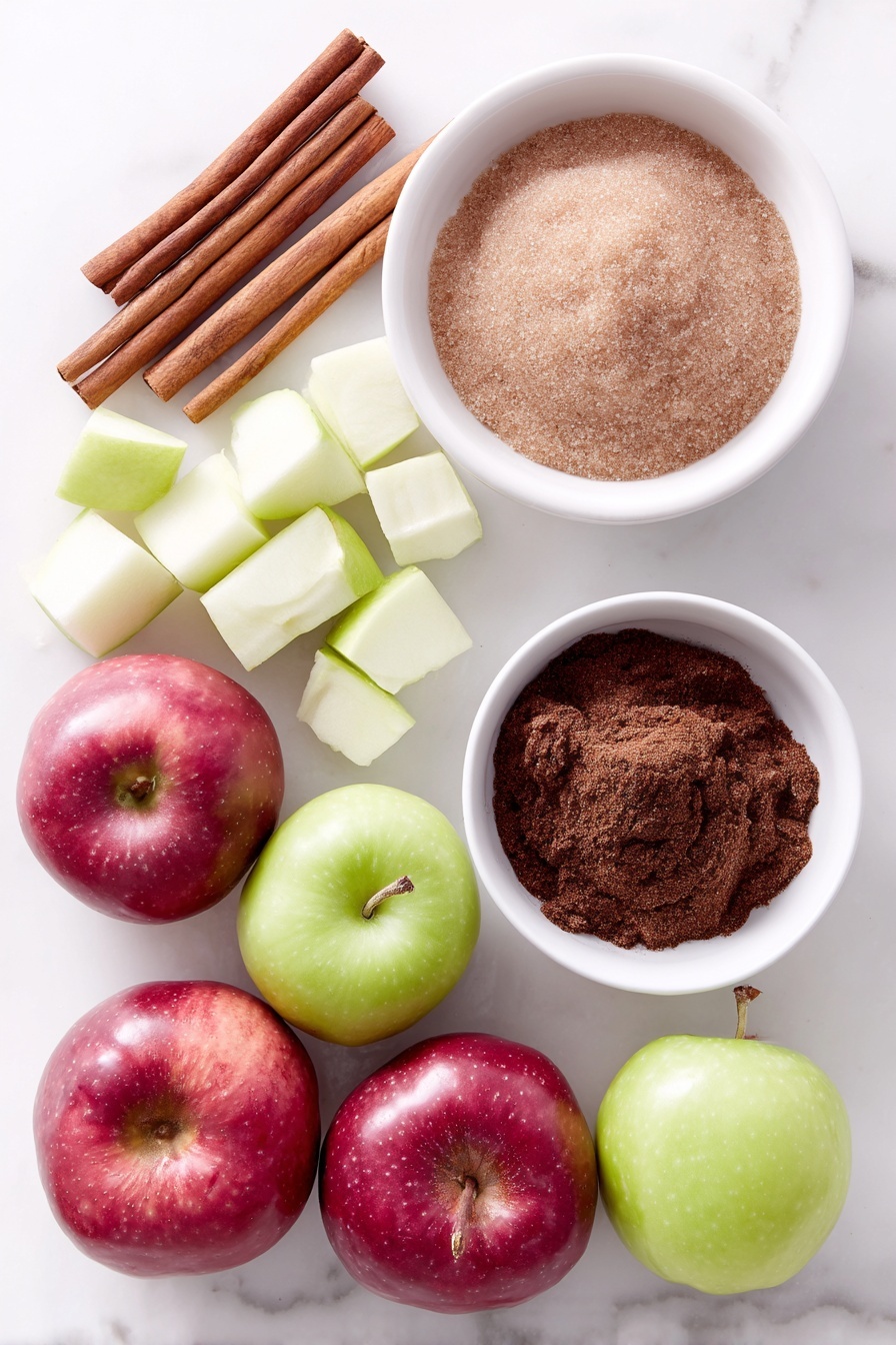 Homemade Apple Cider, fall-inspired drinks, apple cider recipe, homemade apple beverage, cozy fall drinks - Flat lay of ten fresh quartered red and green apples, a small white ceramic bowl filled with light brown packed sugar, four whole cinnamon sticks neatly arranged, and a small white ceramic bowl containing ground allspice, all placed symmetrically on a clean white marble surface, soft natural light, photo taken with an iPhone, professional food photography style, fresh ingredients, white ceramic bowls, no bottles, no duplicates, no utensils, no packaging --ar 2:3 --v 7 --p m7354615311229779997