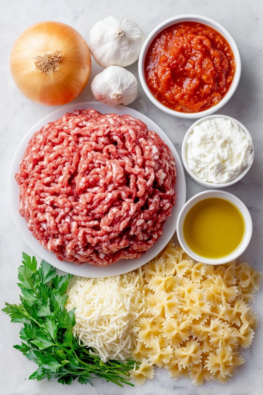 Lasagna Soup, Lasagna Soup with Pasta and Cheese, Easy Lasagna Soup Recipe, Hearty Lasagna Soup, cheesy Italian soup - Flat lay of a small puddle of golden olive oil shimmering on a simple white ceramic plate, a mound of fresh raw ground beef, one whole large yellow onion with smooth skin, four whole unpeeled garlic cloves, a small white bowl filled with bright red diced fresh tomatoes with juice, another small white bowl holding thick red tomato sauce, a third small white bowl with a dense smear of deep red tomato paste, a simple white ceramic bowl with clear golden chicken broth, a handful of uncooked bowtie (farfalle) pasta scattered neatly, a small white bowl of creamy white ricotta cheese, another small white bowl of shredded mozzarella cheese, a delicate pile of freshly shaved pale yellow Parmesan cheese, and a small bunch of vivid green fresh parsley sprigs arranged symmetrically, all placed on a clean white marble surface, soft natural light, photo taken with an iPhone, professional food photography style, fresh ingredients, white ceramic bowls, no bottles, no duplicates, no utensils, no packaging --ar 2:3 --v 7 --p m7354615311229779997