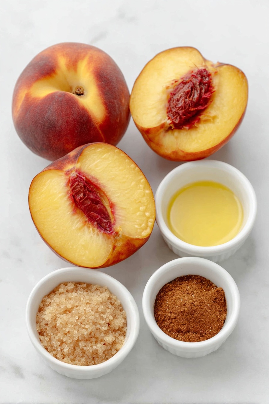 Air Fryer Peaches with Cinnamon Sugar, easy air fryer peach dessert, caramelized peaches with cinnamon, quick peach dessert recipes, healthy fruit desserts - Flat lay of four ripe, firm peaches halved and pitted, a small white ceramic bowl of melted golden butter, a small white ceramic bowl filled with light brown soft brown sugar, a small white ceramic bowl with warm brown cinnamon powder, all arranged symmetrically and balanced on a clean white marble surface, soft natural light, photo taken with an iPhone, professional food photography style, fresh ingredients, white ceramic bowls, no bottles, no duplicates, no utensils, no packaging --ar 2:3 --v 7 --p m7354615311229779997