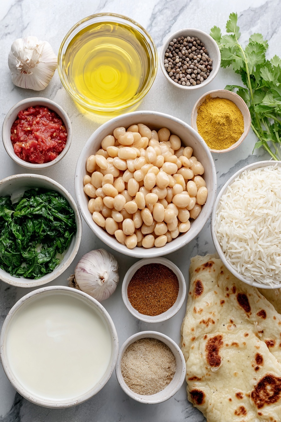 Creamy Vegan Butter Bean Curry, vegan curry recipes, plant-based meals, dairy-free curry, easy vegan dinner ideas - Flat lay of a small white ceramic bowl of drained butter beans, a small yellow onion whole and unpeeled, five whole garlic cloves with skins, a small white ceramic bowl of golden canola oil, a small white ceramic bowl of bright red chopped tomatoes, a small white ceramic bowl filled with creamy white coconut milk, a small white ceramic bowl of frozen spinach leaves still slightly frosted, a small white ceramic bowl with golden-yellow curry powder, a small white ceramic bowl with ground cumin, a small white ceramic bowl with ground coriander seeds, a small white ceramic bowl with brownish garam masala powder, a small white ceramic bowl with chili powder, a small white ceramic bowl of fine salt, a small white ceramic bowl of black peppercorns, a bunch of fresh green cilantro sprigs, a small white ceramic bowl of creamy white coconut yogurt, a neat mound of fluffy cooked basmati rice, and a piece of homemade naan bread, all arranged symmetrically with perfect proportions on a clean white marble surface, soft natural light, photo taken with an iPhone, professional food photography style, fresh ingredients, white ceramic bowls, no bottles, no duplicates, no utensils, no packaging --ar 2:3 --v 7 --p m7354615311229779997