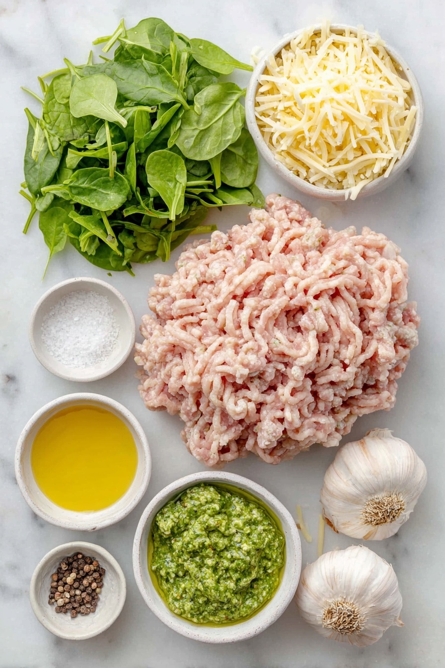 Chicken Spinach Burgers, healthy chicken burger recipe, easy spinach burger, juicy chicken patties, nutritious chicken spinach patties - Flat lay of a mound of fresh lean ground chicken, a small pile of bright chopped fresh spinach, a small heap of shredded mozzarella cheese, a small white ceramic bowl of vivid green pesto sauce, two whole garlic bulbs with papery skins, a small white ceramic bowl of coarse kosher salt, a small white ceramic bowl of cracked black peppercorns, a small white ceramic bowl of golden canola oil placed symmetrically, all arranged in perfect balance on a clean white marble surface, soft natural light, photo taken with an iPhone, professional food photography style, fresh ingredients, white ceramic bowls, no bottles, no duplicates, no utensils, no packaging --ar 2:3 --v 7 --p m7354615311229779997