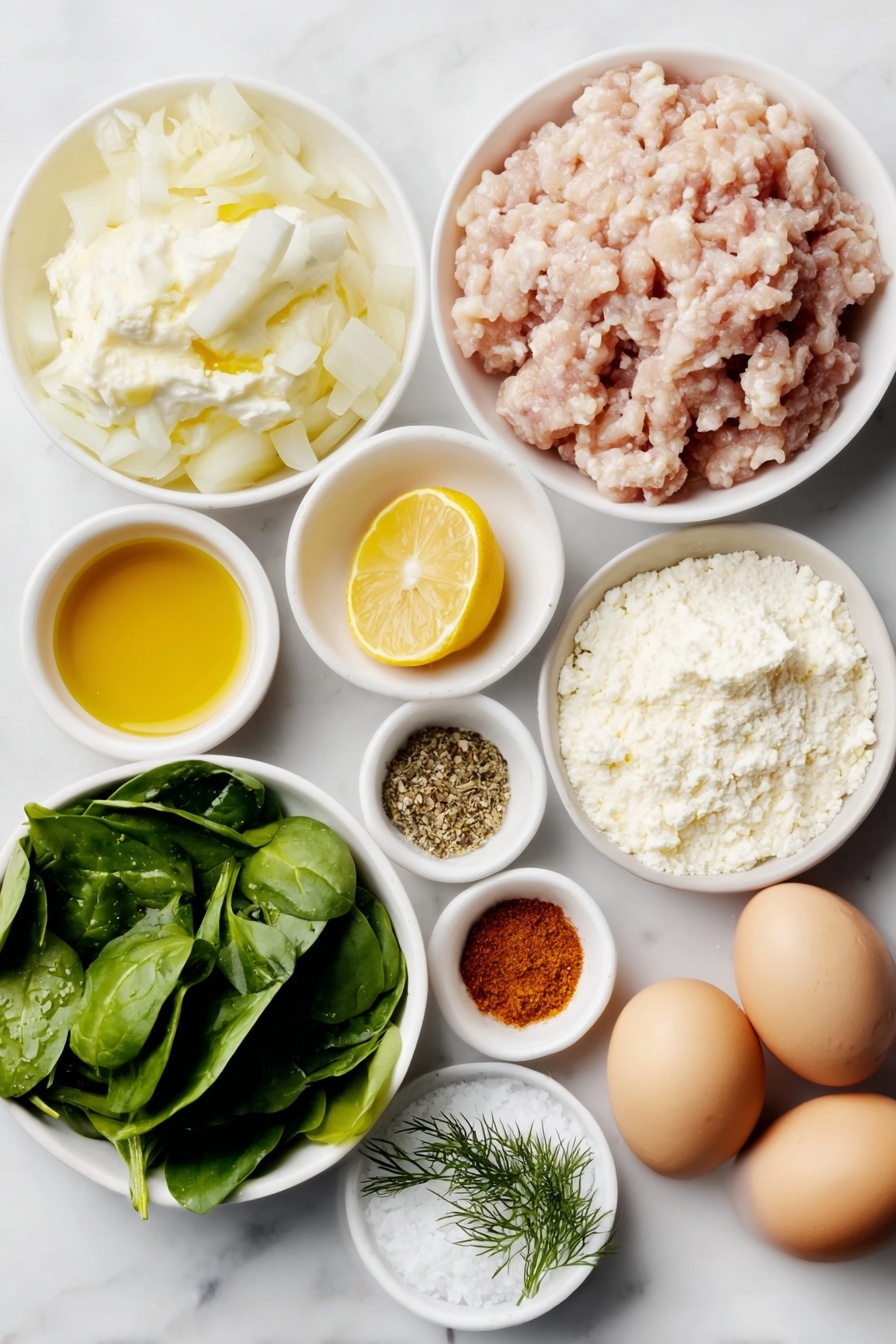Mediterranean Chicken Patties, Mediterranean chicken patties recipe, healthy chicken patties, flavorful chicken patties, easy Mediterranean chicken recipe - Flat lay of a medium diced onion, a small pile of minced garlic cloves, a handful of bright baby spinach leaves, a mound of raw ground chicken, a small white ceramic bowl with golden olive oil, a small white ceramic bowl of fine light breadcrumbs, a small white ceramic bowl of thick creamy Greek yogurt, fresh sprigs of finely chopped dill, half a fresh lemon cut to show juicy pulp, a small white ceramic bowl with dried oregano, a small white ceramic bowl with vibrant paprika powder, a small white ceramic bowl with ground cumin powder, a small white ceramic bowl of coarse salt, a small white ceramic bowl with ground black peppercorns, whole uncracked brown eggs placed in a line next to the ingredients, all arranged symmetrically with perfect proportions on a clean white marble surface, soft natural light, photo taken with an iPhone, professional food photography style, fresh ingredients, white ceramic bowls, no bottles, no duplicates, no utensils, no packaging --ar 2:3 --v 7 --p m7354615311229779997