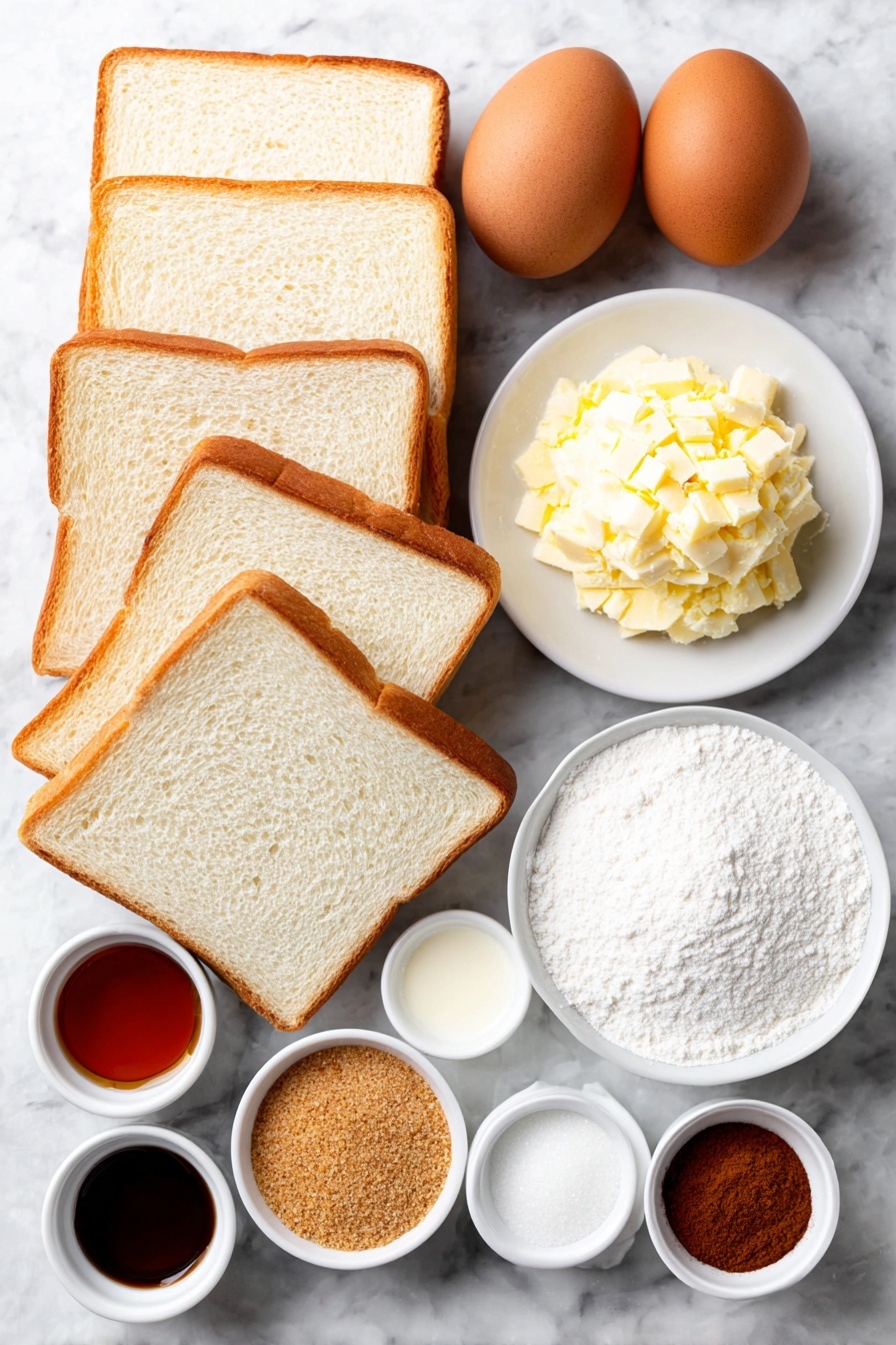 Cinnamon Roll French Toast Roll Ups, breakfast roll ups with cinnamon and French toast, easy French toast roll ups with cinnamon, gooey cinnamon breakfast treats, quick cinnamon roll breakfast ideas - Flat lay of eight uncut rectangular slices of white sandwich bread, a small mound of softened pale yellow unsalted butter on a simple white ceramic plate, a small white bowl filled with light brown sugar, a small white bowl of golden granulated sugar mixed with ground cinnamon powder, a small white bowl containing smooth ground cinnamon powder, two whole brown eggs with clean shells, a small white bowl of creamy milk, a small white bowl with clear vanilla extract, and a small white bowl filled with amber maple syrup, all ingredients arranged symmetrically and naturally on a clean white marble surface, soft natural light, photo taken with an iPhone, professional food photography style, fresh ingredients, white ceramic bowls, no bottles, no duplicates, no utensils, no packaging --ar 2:3 --v 7 --p m7354615311229779997