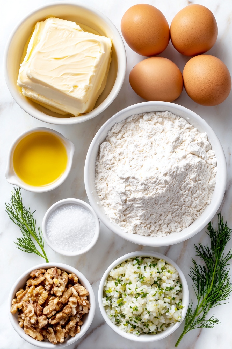 Dill Pickle Cake, Dill Pickle Cake Recipe, Unique Cake Ideas, Sweet and Savory Cakes, Pickle Flavored Desserts - Flat lay of a small mound of softened unsalted butter, a small white ceramic bowl of golden vegetable oil, a neat pile of granulated sugar crystals, four large whole brown eggs with clean shells, a small white ceramic bowl with pale amber vanilla extract, a heap of all-purpose flour, a small white ceramic bowl holding baking powder, a small white ceramic bowl with fine salt, a small white ceramic bowl of garlic powder, a small white ceramic bowl filled with finely chopped dill pickles glistening with moisture, a small white ceramic bowl containing pale green dill pickle juice, a handful of chopped walnuts, and a few sprigs of fresh bright green dill, placed on a clean white marble surface, soft natural light, photo taken with an iPhone, professional food photography style, fresh ingredients, white ceramic bowls, no bottles, no duplicates, no utensils, no packaging --ar 2:3 --v 7 --p m7354615311229779997