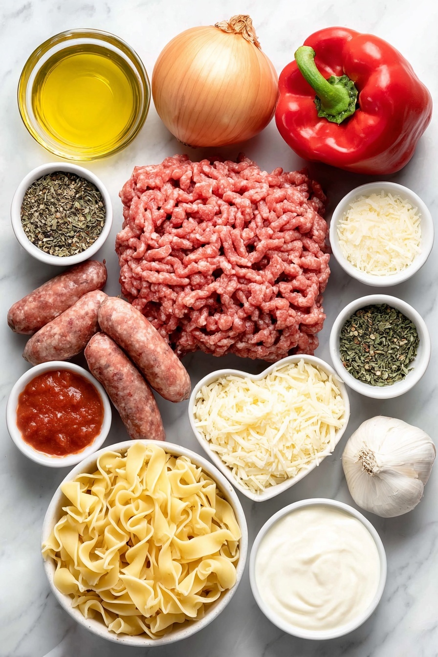 Spicy Lasagna Soup, lasagna soup recipe, comfort food soup, quick lasagna dinner, cheesy spicy soup - Flat lay of a small white ceramic bowl of extra virgin olive oil, a whole yellow onion with papery skin, a few celery stalks with leaves, two whole red bell peppers, six cloves of garlic with skins, raw ground beef formed into a rough mound, raw spicy Italian sausage links, small white ceramic bowls with dried basil, dried oregano, and dried thyme, a small white ceramic bowl of red pepper flakes, a small white ceramic bowl of bright red tomato paste, a small white ceramic bowl of dry white wine, a white ceramic bowl filled with crushed tomatoes, a small white ceramic bowl of creamy coconut milk, a pile of broken lasagna noodles, a small white ceramic bowl holding shredded provolone cheese, and a small white ceramic bowl of grated parmesan cheese, all ingredients fresh and natural, perfectly arranged with balanced layout and symmetry, placed on a clean white marble surface, soft natural light, photo taken with an iPhone, professional food photography style, fresh ingredients, white ceramic bowls, no bottles, no duplicates, no utensils, no packaging --ar 2:3 --v 7 --p m7354615311229779997