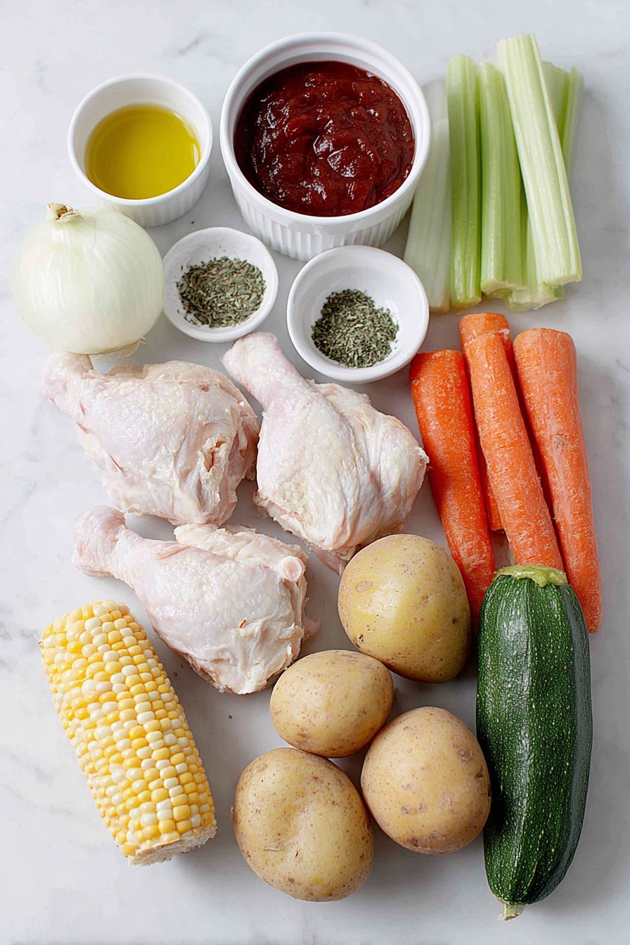 Mexican Chicken Vegetable Soup, hearty Mexican chicken soup, healthy Mexican chicken soup, easy Mexican chicken soup, flavorful vegetable soup - Flat lay of two large skinless boneless chicken breasts, two whole chicken legs with bone, a small white bowl with golden olive oil, a quarter of a medium white onion roughly chopped, two celery sticks chopped, four large whole carrots, two whole garlic cloves, a small white bowl filled with deep red tomato sauce, two whole chicken bouillon cubes, a small white bowl of coarse kosher salt, a small white bowl of ground black pepper, a small white bowl of dried Mexican oregano, a small bunch of fresh cilantro leaves, one corn on the cob cut into five pieces, one whole chayote with smooth green skin, two large russet potatoes cut into thick cubes with skin on, two medium zucchinis cut into thick cubes with bright green skin, placed on a clean white marble surface, soft natural light, photo taken with an iPhone, professional food photography style, fresh ingredients, white ceramic bowls, no bottles, no duplicates, no utensils, no packaging --ar 2:3 --v 7 --p m7354615311229779997