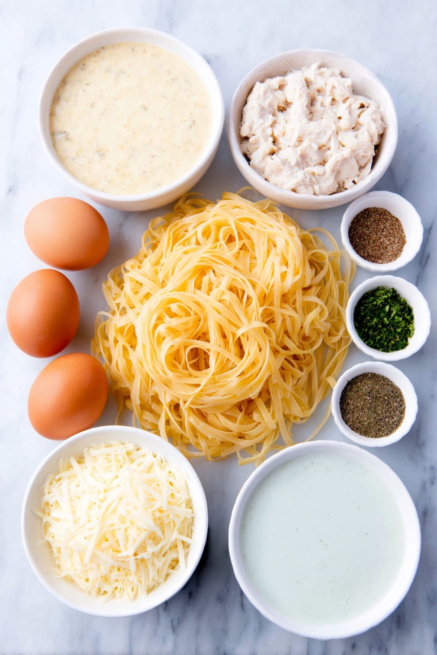 Cheesy Chicken Tetrazzini Bake, Chicken Tetrazzini casserole, cheesy pasta bake, creamy chicken pasta, family comfort food recipes - Flat lay of linguine pasta nest, chopped cooked rotisserie chicken pieces, small white bowls with creamy chicken soup, creamy mushroom soup, sour cream, melted butter, chicken broth, white ceramic bowl with grated Parmesan cheese, white ceramic bowl with shredded mozzarella cheese, white ceramic bowl holding dried parsley, white ceramic bowls with salt, black pepper, and garlic powder, whole uncracked brown eggs placed symmetrically around the composition, placed on a clean white marble surface, soft natural light, photo taken with an iPhone, professional food photography style, fresh ingredients, white ceramic bowls, no bottles, no duplicates, no utensils, no packaging --ar 2:3 --v 7 --p m7354615311229779997