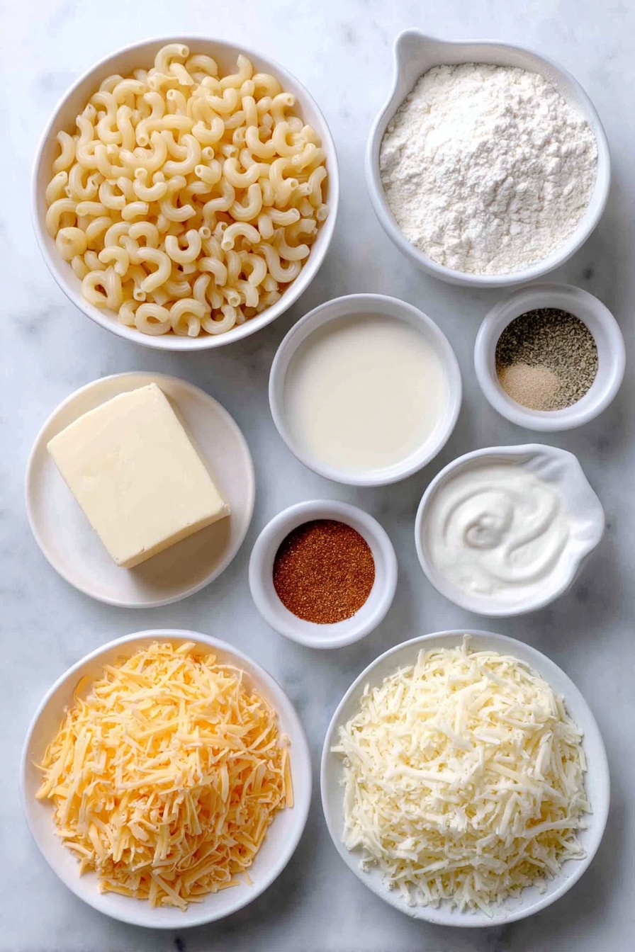 Creamy Cheddar Mac and Cheese Bake, cheesy baked mac and cheese, ultimate comfort food recipe, homemade mac and cheese casserole, easy cheesy baked pasta - Flat lay of cavatappi noodles in a simple white ceramic bowl, a few cubes of unsalted butter on a small white plate, a small white bowl filled with all-purpose flour, another small white bowl containing whole milk, a small white bowl with evaporated milk, a small white bowl holding smooth Dijon mustard, a small white bowl with garlic powder, a small white bowl with onion powder, a small white bowl with dried parsley, a small white bowl with black pepper, a pile of freshly shredded cheddar cheese on a white plate, a pile of freshly shredded Monterey Jack cheese on another white plate, a pile of freshly shredded Gruyère cheese on a white plate, a small white bowl of sour cream, a small white bowl of seasoned panko breadcrumbs, and a small white bowl with melted butter, arranged symmetrically and balanced, all placed on a clean white marble surface, soft natural light, photo taken with an iPhone, professional food photography style, fresh ingredients, white ceramic bowls, no bottles, no duplicates, no utensils, no packaging --ar 2:3 --v 7 --p m7354615311229779997