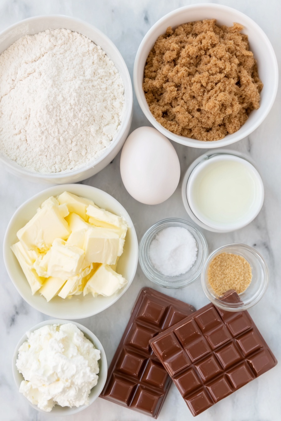 Gooey Cookie Butter S'mores Blondies, cookie butter blondies, s'mores dessert recipes, easy blondie recipes, chocolate marshmallow blondies - Flat lay of a small white ceramic bowl of melted unsalted butter, a few heaping tablespoons of brown sugar loosely piled on a white ceramic plate, one large whole egg with a clean shell, a small white ceramic bowl of clear vanilla extract, a small white ceramic bowl filled with all-purpose flour, a small white ceramic bowl with finely ground graham cracker crumbs, a pinch of salt and baking soda arranged as small white ceramic bowls of fine white powders, three unwrapped large rectangular milk chocolate bars broken into pieces, a small white ceramic bowl with creamy cookie butter, and a small white ceramic bowl of fluffy white marshmallow fluff, all arranged in perfect symmetry and balanced proportions, placed on a clean white marble surface, soft natural light, photo taken with an iPhone, professional food photography style, fresh ingredients, white ceramic bowls, no bottles, no duplicates, no utensils, no packaging --ar 2:3 --v 7 --p m7354615311229779997