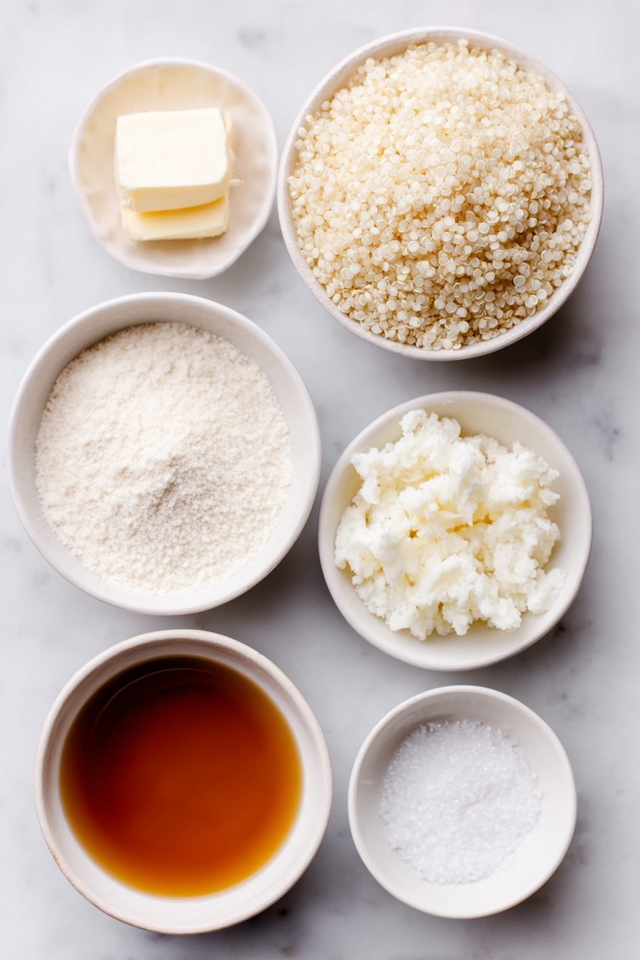 Garlic Butter Quinoa, quick healthy side dish, easy quinoa recipes, flavorful side meals, garlic butter recipe - Flat lay of a small mound of uncooked white quinoa grains, a few curls of creamy vegan butter, a small white bowl filled with pale off-white garlic powder, a small white bowl of coarse sea salt crystals, and a small white bowl containing golden vegetable broth, all arranged in perfect symmetry on a clean white ceramic surface, placed on a clean white marble surface, soft natural light, photo taken with an iPhone, professional food photography style, fresh ingredients, white ceramic bowls, no bottles, no duplicates, no utensils, no packaging --ar 2:3 --v 7 --p m7354615311229779997