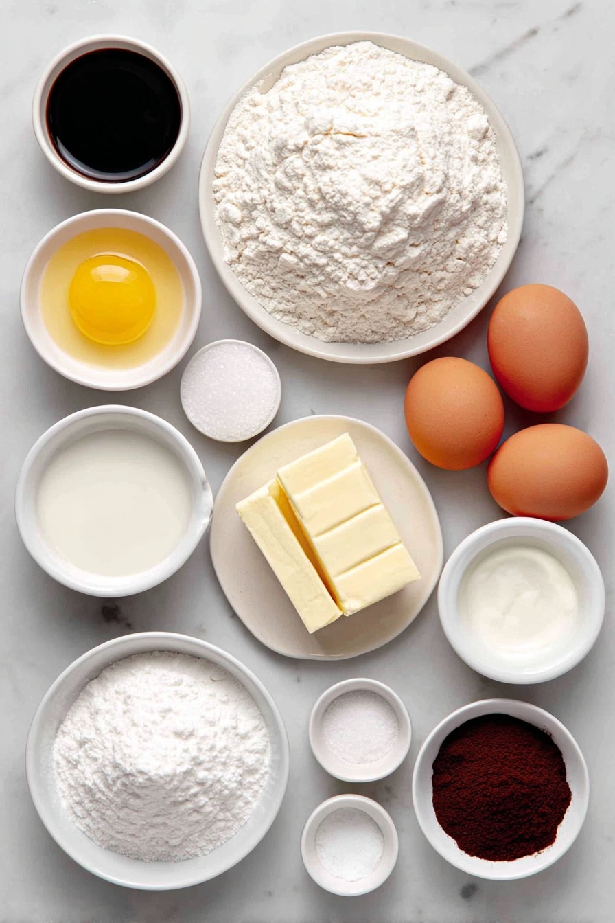 Cinnamon Roll Cake, cinnamon roll cake recipe, easy cinnamon cake, sheet cake cinnamon roll, cinnamon dessert recipe - Flat lay of a small pile of all-purpose flour on a white ceramic plate, a tablespoon of golden baking powder in a small white bowl, a pinch of coarse salt in another small white bowl, a mound of granulated sugar on a white plate, a small white bowl with melted unsalted butter shimmering, a small white bowl of whole milk, two large whole brown eggs with clean shells arranged side by side, a small white bowl holding clear vanilla extract, a small white bowl with packed light brown sugar, a softened slab of unsalted butter on a white plate, a tablespoon of pale all-purpose flour on a white plate, a small white bowl filled with warm ground cinnamon powder, a small white bowl containing powdered sugar, a smaller white bowl with milk for glaze, and a tiny white bowl with vanilla extract—all ingredients shown fresh and natural, perfectly arranged in balanced, symmetrical composition placed on a clean white marble surface, soft natural light, photo taken with an iPhone, professional food photography style, fresh ingredients, white ceramic bowls, no bottles, no duplicates, no utensils, no packaging --ar 2:3 --v 7 --p m7354615311229779997