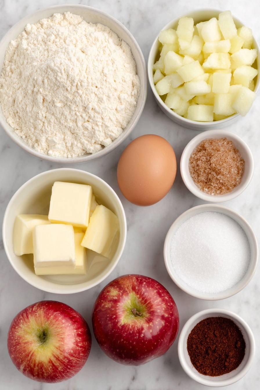 Mini Apple Pie Muffins, apple pie muffins, easy apple muffins, handheld apple desserts, cinnamon apple muffins - Flat lay of all-purpose flour in a small white ceramic bowl, minced fresh rosemary sprigs, white sugar in a small white bowl, fine salt in a small white bowl, cold unsalted butter cut into cubes, ice water in a small white bowl, peeled and diced small fresh apples, light brown sugar in a small white bowl, ground cinnamon in a small white bowl, large whole uncracked egg with clean shell, sanding sugar crystals in a small white bowl, arranged with perfect symmetry on a clean white marble surface, soft natural light, photo taken with an iPhone, professional food photography style, fresh ingredients, white ceramic bowls, no bottles, no duplicates, no utensils, no packaging --ar 2:3 --v 7 --p m7354615311229779997