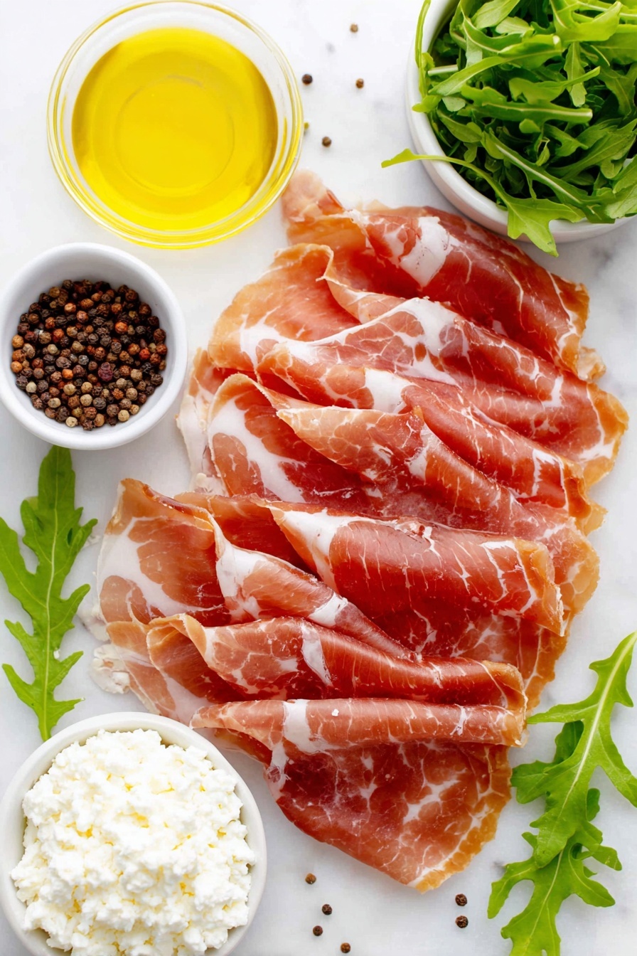 Fig and Prosciutto Roll-Ups, fig and prosciutto appetizer, prosciutto wrapped figs, easy savory appetizers, elegant cheese and fruit bites - Flat lay of thick sliced prosciutto slices arranged flat, a small mound of soft lemon chèvre goat cheese, a small white bowl with dark fig preserves, fresh vibrant green arugula leaves, a small white bowl of golden extra virgin olive oil, a small white bowl with clear fresh lemon juice, whole black peppercorns scattered neatly beside, placed on a clean white marble surface, soft natural light, photo taken with an iPhone, professional food photography style, fresh ingredients, white ceramic bowls, no bottles, no duplicates, no utensils, no packaging --ar 2:3 --v 7 --p m7354615311229779997