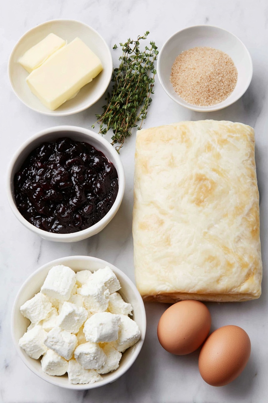 Fig and Goat Cheese Puff Pastry Pinwheels, fig and goat cheese appetizer, easy puff pastry appetizer, elegant fig appetizer, sweet and savory pinwheels - Flat lay of a single unrolled sheet of golden puff pastry, a small white ceramic bowl filled with glossy dark fig preserves, a neat pile of crumbly white goat cheese log pieces, a few sprigs of fresh green thyme, a small white bowl holding light brown sugar crystals, and one whole large brown egg with a clean shell, all arranged with perfect symmetry on a clean white marble surface, soft natural light, photo taken with an iPhone, professional food photography style, fresh ingredients, white ceramic bowls, no bottles, no duplicates, no utensils, no packaging --ar 2:3 --v 7 --p m7354615311229779997