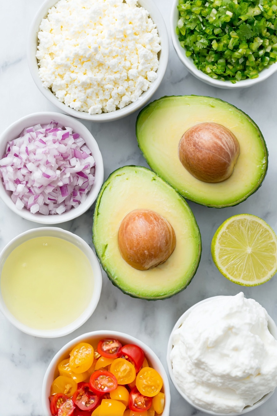 Triple Layer Guacamole Dip with Cotija and Salsa, party guacamole dip, layered guacamole recipe, Mexican party dip, easy guacamole with cotija - Flat lay of two ripe avocados halved with pit removed, a small white bowl of freshly squeezed lime juice, a small white bowl of fresh lemon juice, a small white bowl of kosher salt, a few sprigs of bright green minced cilantro, a small heap of finely chopped red onion, a small pile of minced green jalapeno pepper, a small white bowl filled with rich sour cream, a small white bowl of finely crumbled white cotija cheese, a small white bowl of creamy mascarpone cheese, a small white bowl of small diced red, orange, and yellow bell peppers, a small white bowl of halved bright red cherry tomatoes, placed on a clean white marble surface, soft natural light, photo taken with an iPhone, professional food photography style, fresh ingredients, white ceramic bowls, no bottles, no duplicates, no utensils, no packaging --ar 2:3 --v 7 --p m7354615311229779997