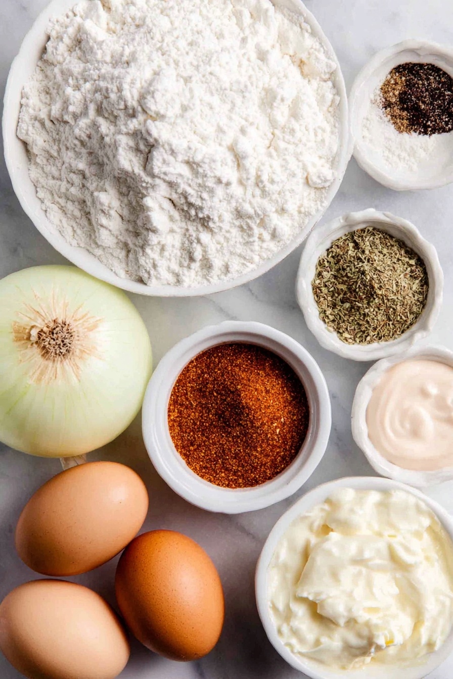 Crispy Blooming Onion with Dipping Sauce, crispy onion appetizer, blooming onion recipe, easy party appetizers, fried onion snacks - Flat lay of a large white onion with its papery skin partially removed, a small white ceramic bowl filled with all-purpose flour, a small white ceramic bowl containing a vibrant mix of paprika, cayenne pepper, garlic powder, oregano, salt, and pepper, two whole brown eggs with clean shells, a small white ceramic bowl of fresh milk, a small white ceramic bowl holding creamy horseradish sauce, a small white ceramic bowl with pinkish Thousand Island dressing placed side by side, all arranged symmetrically and naturally on a clean white marble surface, soft natural light, photo taken with an iPhone, professional food photography style, fresh ingredients, white ceramic bowls, no bottles, no duplicates, no utensils, no packaging --ar 2:3 --v 7 --p m7354615311229779997