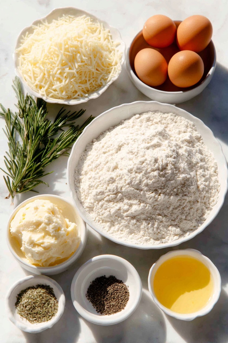 Mozzarella Stuffed Herb Soft Pretzels, cheesy herb soft pretzels, homemade stuffed pretzels with cheese, easy herb soft pretzel recipe, baked cheese stuffed pretzels - Flat lay of warm water in a small white ceramic bowl, a small mound of fresh chopped rosemary sprigs, a simple heap of all-purpose flour on a white plate, a portion of very soft unsalted butter shaped into a smooth dollop on a white dish, a few brown whole uncracked eggs neatly arranged, a small white ceramic bowl filled with shredded fresh mozzarella cheese, another small bowl holding finely grated parmesan cheese, a small white bowl with beaten egg wash (egg and water combined), a small white bowl of golden melted butter, a small dish containing garlic powder, a small pile of whole black peppercorns, and a pinch of coarse salt all evenly spaced and symmetrically arranged on a clean white marble surface, soft natural light, photo taken with an iPhone, professional food photography style, fresh ingredients, white ceramic bowls, no bottles, no duplicates, no utensils, no packaging --ar 2:3 --v 7 --p m7354615311229779997