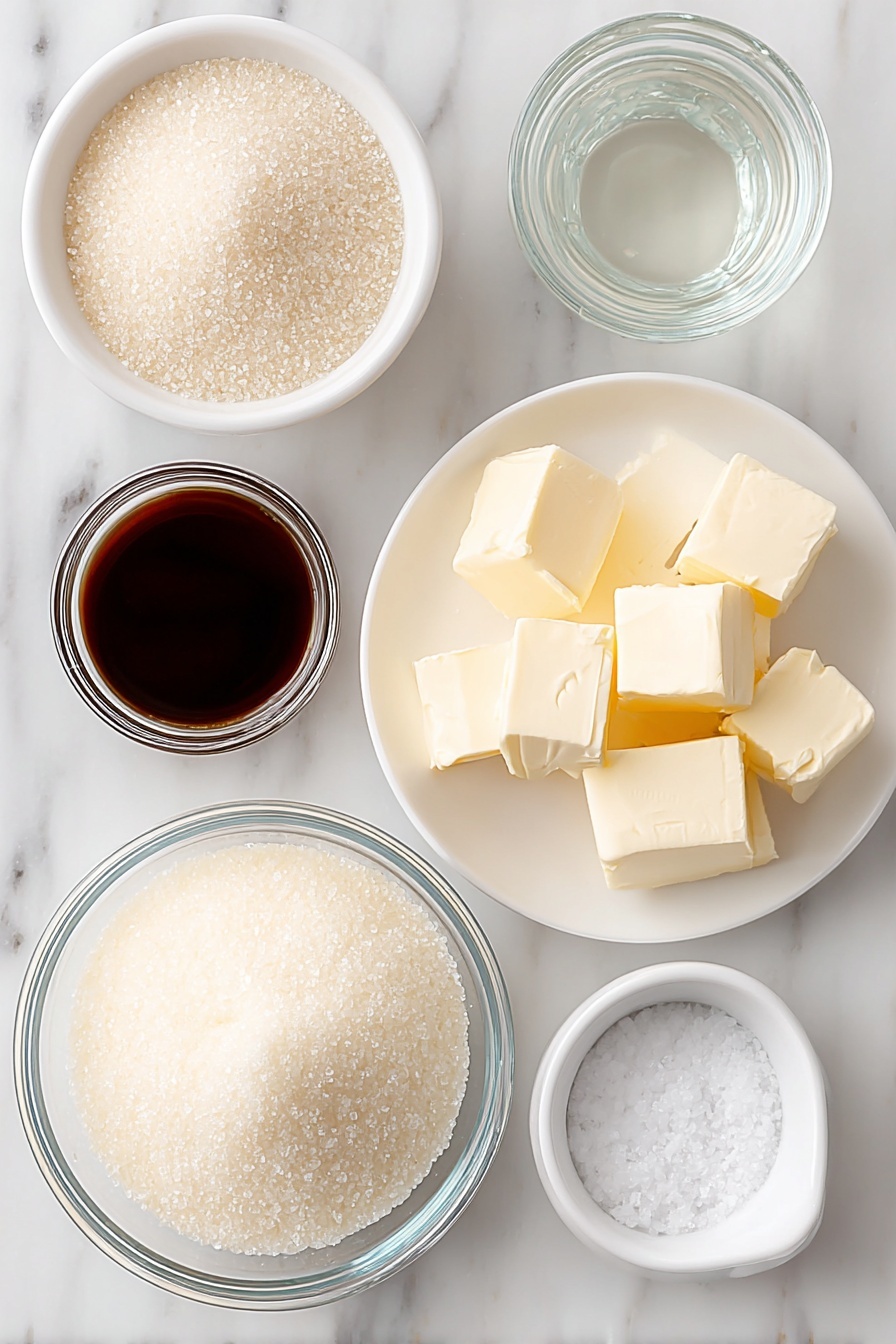 Homemade Caramel Sauce, caramel sauce recipe, easy caramel sauce, how to make caramel sauce, caramel sauce without store-bought - Flat lay of a small white ceramic bowl of granulated sugar, a small white ceramic bowl of clear water, several pieces of unsalted butter cut into chunks on a simple white ceramic plate, a small white ceramic bowl filled with fresh heavy cream, a small white ceramic bowl with clear vanilla extract, and a small pinch of coarse salt on a white ceramic dish, all arranged with perfect symmetry and realistic proportions, placed on a clean white marble surface, soft natural light, photo taken with an iPhone, professional food photography style, fresh ingredients, white ceramic bowls, no bottles, no duplicates, no utensils, no packaging --ar 2:3 --v 7 --p m7354615311229779997