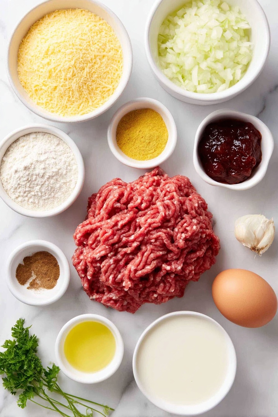 Swedish Meatballs with Creamy Gravy, Swedish meatball recipe, easy Swedish meatballs, homemade Swedish meatballs, comforting meatball dish - Flat lay of fresh ground beef shaped loosely in a small mound, a small white ceramic bowl filled with golden breadcrumbs, a small white ceramic bowl holding finely chopped white onion, one peeled garlic clove resting whole, a few sprigs of fresh green parsley, a small white ceramic bowl containing bright yellow ground nutmeg powder, a small white ceramic bowl with warm brown allspice powder, a small white ceramic bowl filled with coarse black pepper, one large whole brown egg with a clean shell, a small white ceramic bowl of creamy whole milk, a small white ceramic bowl with clear golden cooking oil, a small white ceramic bowl filled with softened pale yellow butter, a small white ceramic bowl holding white flour, a small white ceramic bowl containing rich brown beef broth, a small white ceramic bowl of smooth Dijon mustard pale yellow in color, a small white ceramic bowl with vibrant red lingonberry jam, all ingredients evenly spaced and symmetrically arranged on a clean white marble surface, soft natural light, photo taken with an iPhone, professional food photography style, fresh ingredients, white ceramic bowls, no bottles, no duplicates, no utensils, no packaging --ar 2:3 --v 7 --p m7354615311229779997