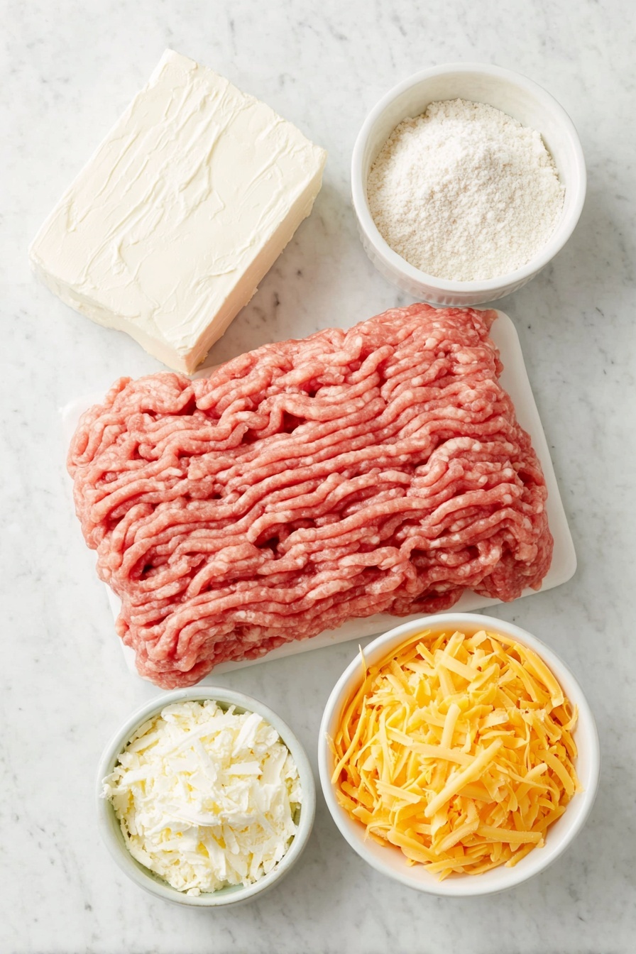 Cream Cheese Sausage Balls, sausage cheese bites, savory appetizer ideas, cheesy sausage snacks, easy party appetizers - Flat lay of a small mound of fresh hot pork sausage, an uncut block of creamy white cream cheese, a small white ceramic bowl filled with pale Bisquick baking mix, a small white bowl heaped with bright orange shredded cheddar cheese, placed on a clean white marble surface, soft natural light, photo taken with an iPhone, professional food photography style, fresh ingredients, white ceramic bowls, no bottles, no duplicates, no utensils, no packaging --ar 2:3 --v 7 --p m7354615311229779997