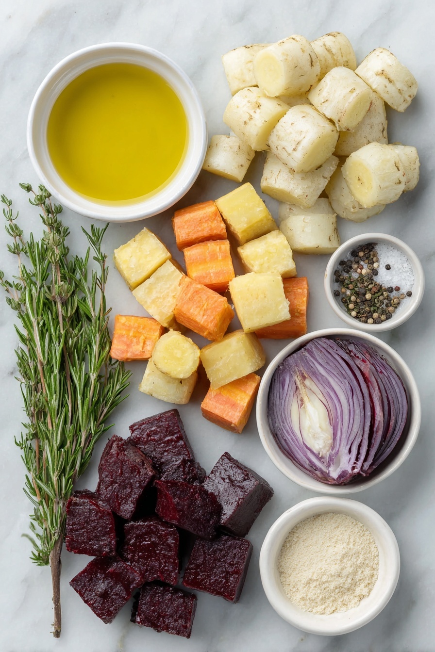 Perfect Roast Root Vegetables, roasted root vegetables, healthy vegetable side dish, caramelized root vegetables, easy roasted vegetable recipe - Flat lay of peeled and sliced bright orange carrots, peeled and sliced creamy white parsnips, deep red cubed beets, cubed orange sweet potato, separated layers of purple-red red onion, fresh sprigs of green rosemary, fresh sprigs of thyme, a small white ceramic bowl of golden olive oil, a small white ceramic bowl of coarse sea salt, a small white ceramic bowl of black peppercorns, a small white ceramic bowl of pale beige garlic powder, all arranged symmetrically in perfect balance, placed on a clean white marble surface, soft natural light, photo taken with an iPhone, professional food photography style, fresh ingredients, white ceramic bowls, no bottles, no duplicates, no utensils, no packaging --ar 2:3 --v 7 --p m7354615311229779997