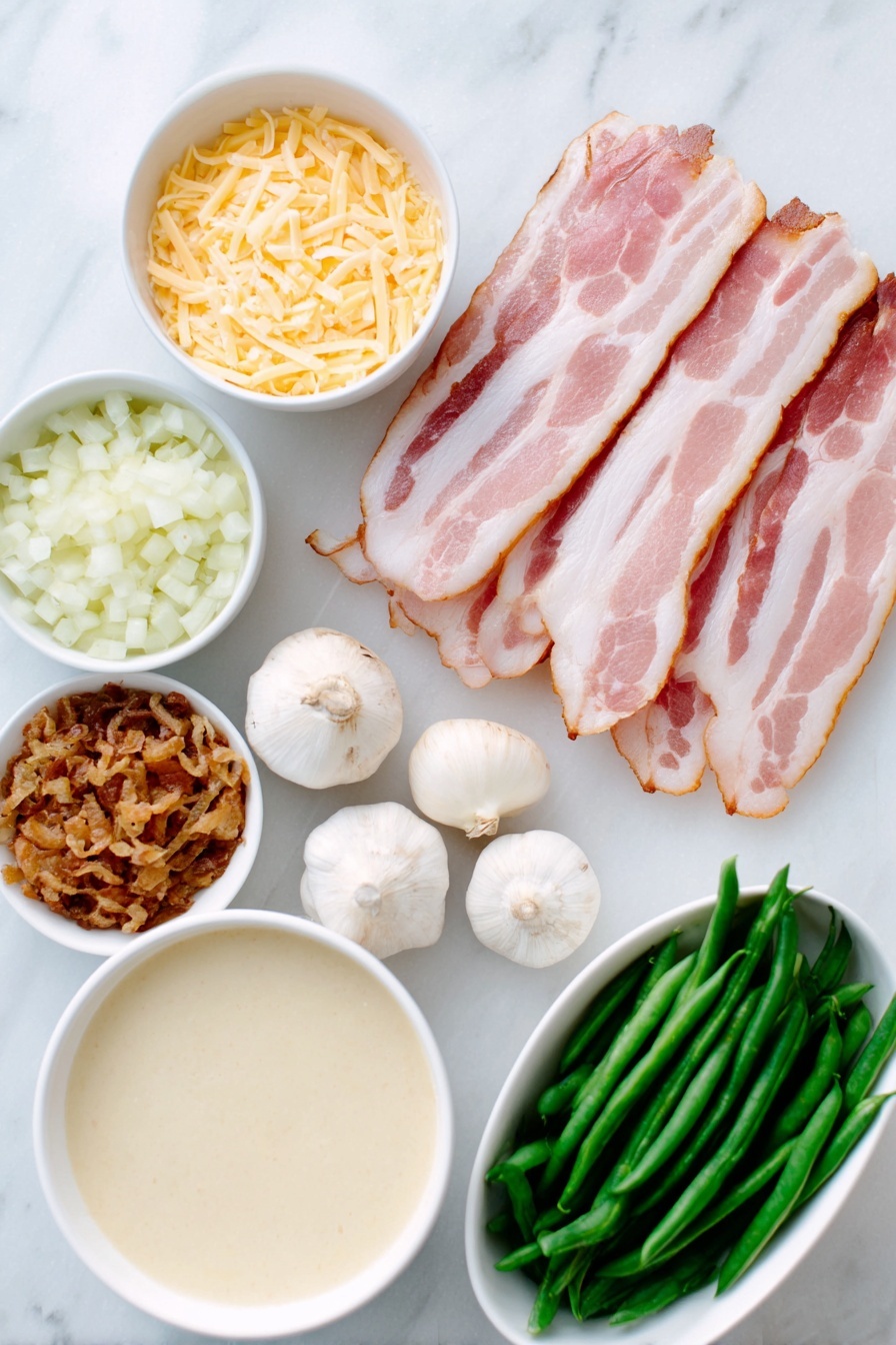 Green Bean Casserole with Bacon and Mushrooms, green bean casserole with bacon, mushroom green bean bake, savory green bean casserole, easy green bean side dish - Flat lay of six strips of crispy bacon, half a yellow onion finely diced in a small white bowl, a small white bowl of chopped fresh button mushrooms, three whole garlic cloves unpeeled, two small white bowls filled with thick cream of mushroom soup, a small white bowl of milk, a small white bowl with shredded Monterey Jack cheese, a few whole green beans fresh and bright, a small white bowl filled with crispy French fried onions, salt and pepper in small white bowls, all ingredients fresh and natural, perfectly arranged with balanced spacing, placed on a clean white marble surface, soft natural light, photo taken with an iPhone, professional food photography style, fresh ingredients, white ceramic bowls, no bottles, no duplicates, no utensils, no packaging --ar 2:3 --v 7 --p m7354615311229779997