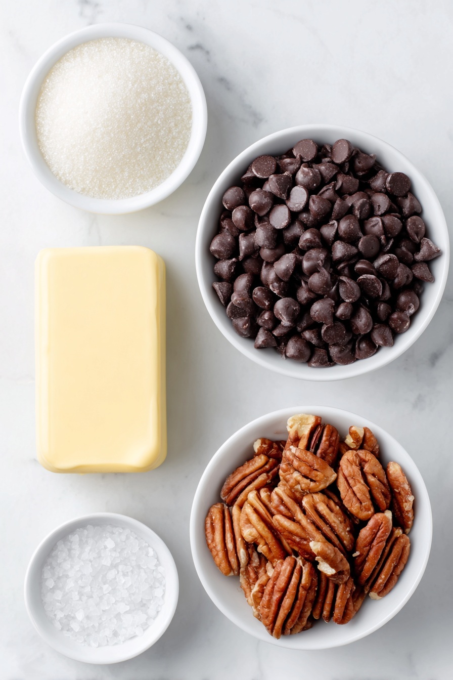 English Toffee with Chocolate and Nuts, Easy Toffee Recipe, Homemade Toffee, Crunchy Toffee Treats, Chocolate Nut Toffee - Flat lay of a small block of pale yellow butter, a simple white ceramic bowl filled with granulated white sugar, a tiny white ceramic bowl holding fine salt crystals, a white ceramic bowl heaped with glossy semi-sweet chocolate chips, a neat pile of finely chopped mixed almonds and pecans on the white surface, all arranged with perfect symmetry, placed on a clean white marble surface, soft natural light, photo taken with an iPhone, professional food photography style, fresh ingredients, white ceramic bowls, no bottles, no duplicates, no utensils, no packaging --ar 2:3 --v 7 --p m7354615311229779997