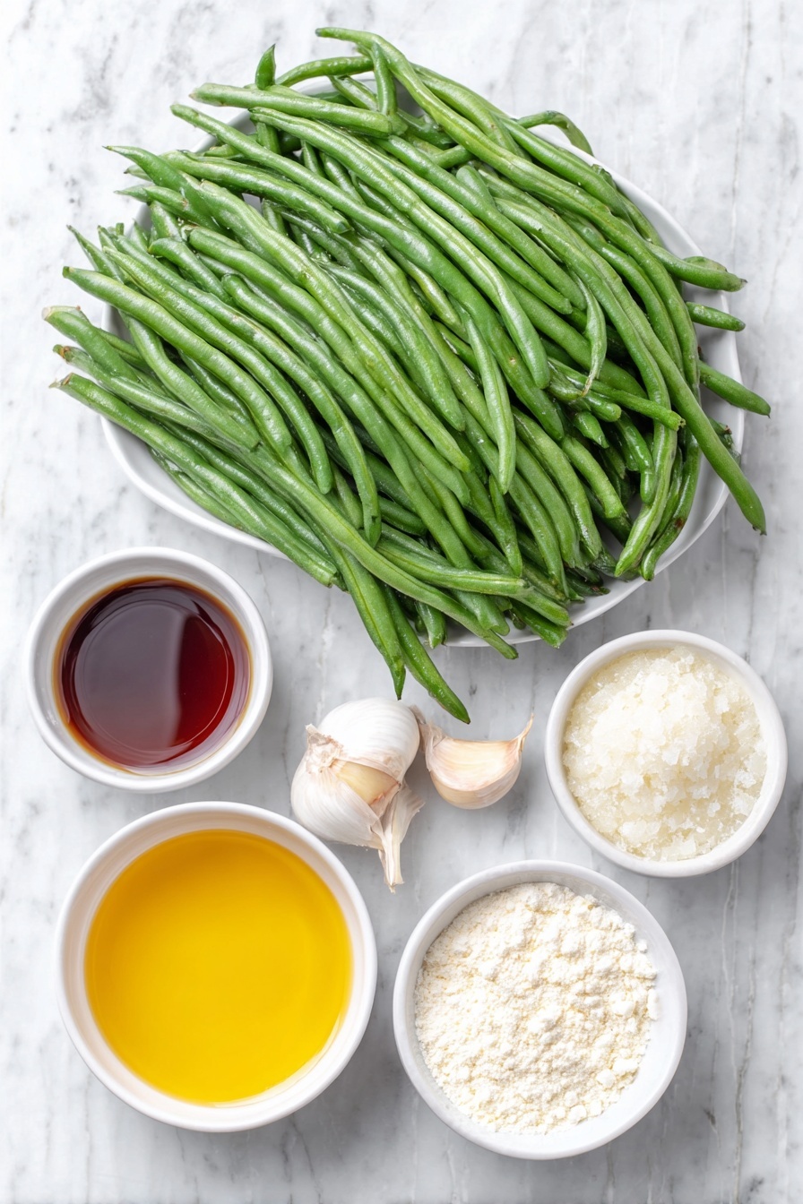 Garlic Green Beans Stir Fry, green beans stir fry, healthy vegetable recipes, quick garlic green beans, savory green bean side dish - Flat lay of fresh whole green beans with trimmed ends neatly arranged, two cloves of whole unpeeled garlic, a small white ceramic bowl of dark soy sauce, a small white ceramic bowl filled with clear golden chicken broth, a small white ceramic bowl of light beige cornstarch powder, a small white ceramic bowl holding amber sesame oil, and a small white ceramic bowl of golden peanut oil placed symmetrically, all ingredients fresh and natural, placed on a clean white marble surface, soft natural light, photo taken with an iPhone, professional food photography style, fresh ingredients, white ceramic bowls, no bottles, no duplicates, no utensils, no packaging --ar 2:3 --v 7 --p m7354615311229779997