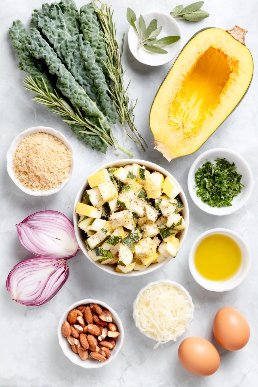 Autumn Caesar Salad with Roasted Delicata Squash, seasonal fall salads, roasted delicata squash recipes, healthy autumn salads, cozy fall salad ideas - Flat lay of a bunch of dark green shredded kale leaves, a large shallot thinly sliced showing its purple rings, half a bright yellow lemon cut to display the juicy pulp, a medium delicata squash with creamy yellow skin and green stripes sliced into half-inch cubes, a small white ceramic bowl filled with golden olive oil, a small white ceramic bowl of light brown panko breadcrumbs, a small white ceramic bowl of finely grated pale parmesan cheese, a small white ceramic bowl with chopped fresh green rosemary, sage, and thyme herbs, a small white ceramic bowl of whole pine nuts, a small white ceramic bowl of creamy Caesar dressing, and three whole brown eggs with clean uncracked shells, all arranged symmetrically on a clean white marble surface, soft natural light, photo taken with an iPhone, professional food photography style, fresh ingredients, white ceramic bowls, no bottles, no duplicates, no utensils, no packaging --ar 2:3 --v 7 --p m7354615311229779997