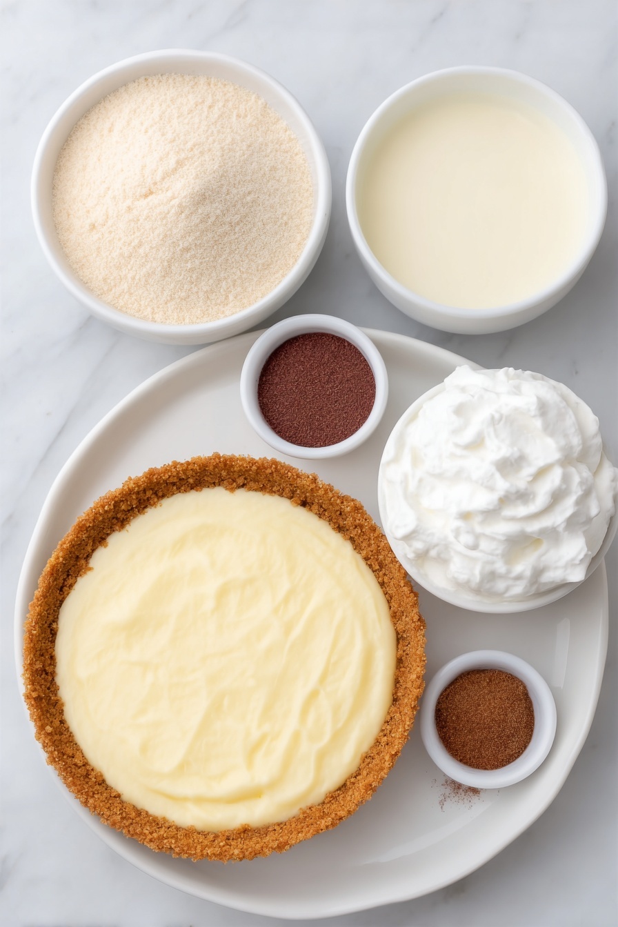 No Bake Eggnog Pie, Eggnog Pie, Holiday No Bake Desserts, Easy Festive Pies, Christmas No Bake Pie - Flat lay of a golden graham cracker crust on a simple white ceramic plate, a small white bowl filled with smooth vanilla instant pudding powder, a small white bowl of creamy eggnog, a small white bowl of fluffy whipped cream, and a small white bowl containing a fine dusting of ground nutmeg, all arranged in perfect symmetry, placed on a clean white marble surface, soft natural light, photo taken with an iPhone, professional food photography style, fresh ingredients, white ceramic bowls, no bottles, no duplicates, no utensils, no packaging --ar 2:3 --v 7 --p m7354615311229779997