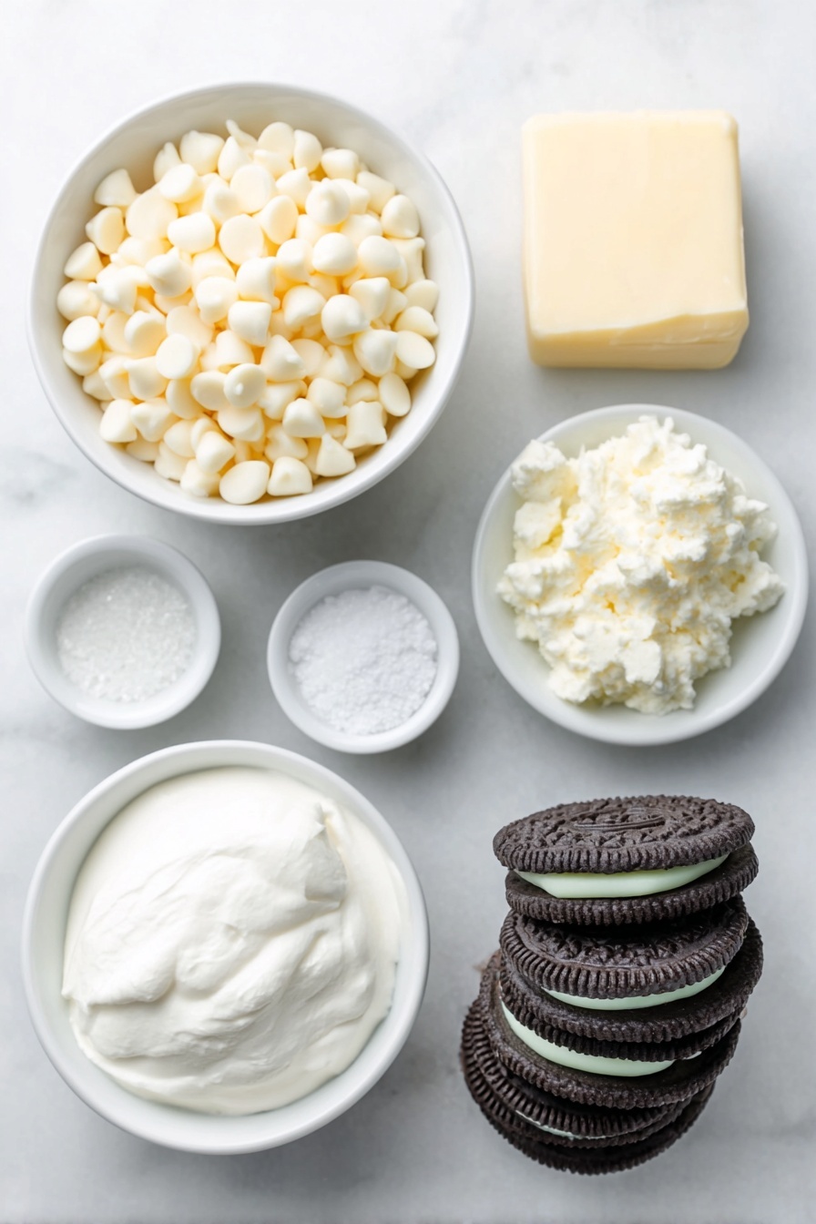 Mint Oreo White Chocolate Fudge, mint Oreo fudge, white chocolate fudge recipes, no-bake fudge desserts, creamy mint fudge - Flat lay of a small pile of glossy white chocolate chips, a jar of fluffy white marshmallow cream in a simple white ceramic bowl, a stick of pale yellow butter on a clean white plate, a small white bowl filled with granulated white sugar, a small white bowl holding smooth heavy cream, a tiny white bowl with fine sea salt, a small white bowl containing clear pale green mint extract, and a neat stack of fresh, whole mint Oreo cookies with dark chocolate cookie halves and bright green mint cream visible, all arranged symmetrically on a clean white marble surface, soft natural light, photo taken with an iPhone, professional food photography style, fresh ingredients, white ceramic bowls, no bottles, no duplicates, no utensils, no packaging --ar 2:3 --v 7 --p m7354615311229779997