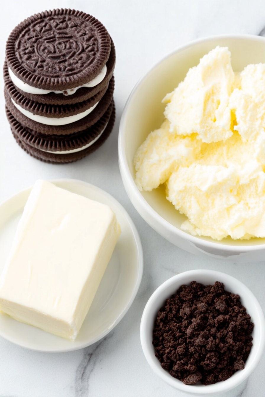 Easy Oreo Truffles, Oreo Truffles Recipe, no-bake Oreo desserts, chocolate truffles with Oreos, quick Oreo treats - Flat lay of a stack of fresh whole Oreo cookies with visible dark chocolate sandwich layers and white cream filling, a smooth block of full-fat cream cheese with a cut exposing its creamy texture, a small white ceramic bowl filled with glossy melted white chocolate, and a small white ceramic bowl containing finely crushed Oreo cookie crumbs, all arranged symmetrically on a clean white marble surface, soft natural light, photo taken with an iPhone, professional food photography style, fresh ingredients, white ceramic bowls, no bottles, no duplicates, no utensils, no packaging --ar 2:3 --v 7 --p m7354615311229779997