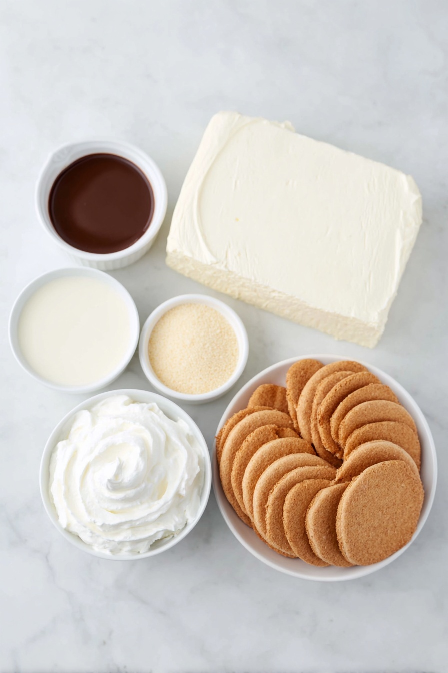 Easy Banana Pudding, banana pudding dessert, creamy banana pudding, no-bake banana pudding, homemade banana pudding - Flat lay of a fresh peeled banana sliced into rounds, a large block of cream cheese with a smooth cut surface, a small white bowl filled with glossy sweetened condensed milk, a small white bowl with fine pale yellow vanilla instant pudding powder, a small white bowl of fresh milk, a small white bowl with clear vanilla extract, a small white bowl holding fluffy white whipped topping, and a neat stack of golden Nilla wafers arranged in a simple white ceramic bowl, placed on a clean white marble surface, soft natural light, photo taken with an iPhone, professional food photography style, fresh ingredients, white ceramic bowls, no bottles, no duplicates, no utensils, no packaging --ar 2:3 --v 7 --p m7354615311229779997