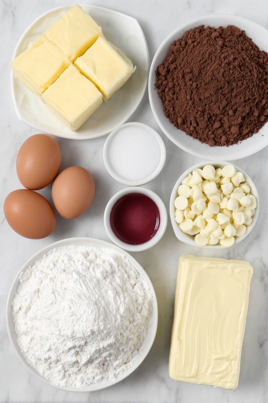 Cheesecake Stuffed Red Velvet Cookies, red velvet cheesecake cookies, cheesecake filled red velvet cookies, best red velvet cookies with cheesecake, easy cheesecake stuffed cookies - Flat lay of a small pile of barely softened pale yellow butter, two whole uncracked brown eggs with clean shells, a few heaping tablespoons of smooth unsweetened cocoa powder on a white ceramic plate, a neat mound of rich brown packed brown sugar, a smaller heap of fine white granulated sugar, a small white bowl filled with bright red food coloring gel, a tall stack of white all-purpose flour, a scattering of white chocolate chips, a block of creamy off-white cream cheese, a small white bowl of fine powdered sugar, and a small white bowl containing clear vanilla extract, all arranged with perfect symmetry and balanced spacing, placed on a clean white marble surface, soft natural light, photo taken with an iPhone, professional food photography style, fresh ingredients, white ceramic bowls, no bottles, no duplicates, no utensils, no packaging --ar 2:3 --v 7 --p m7354615311229779997