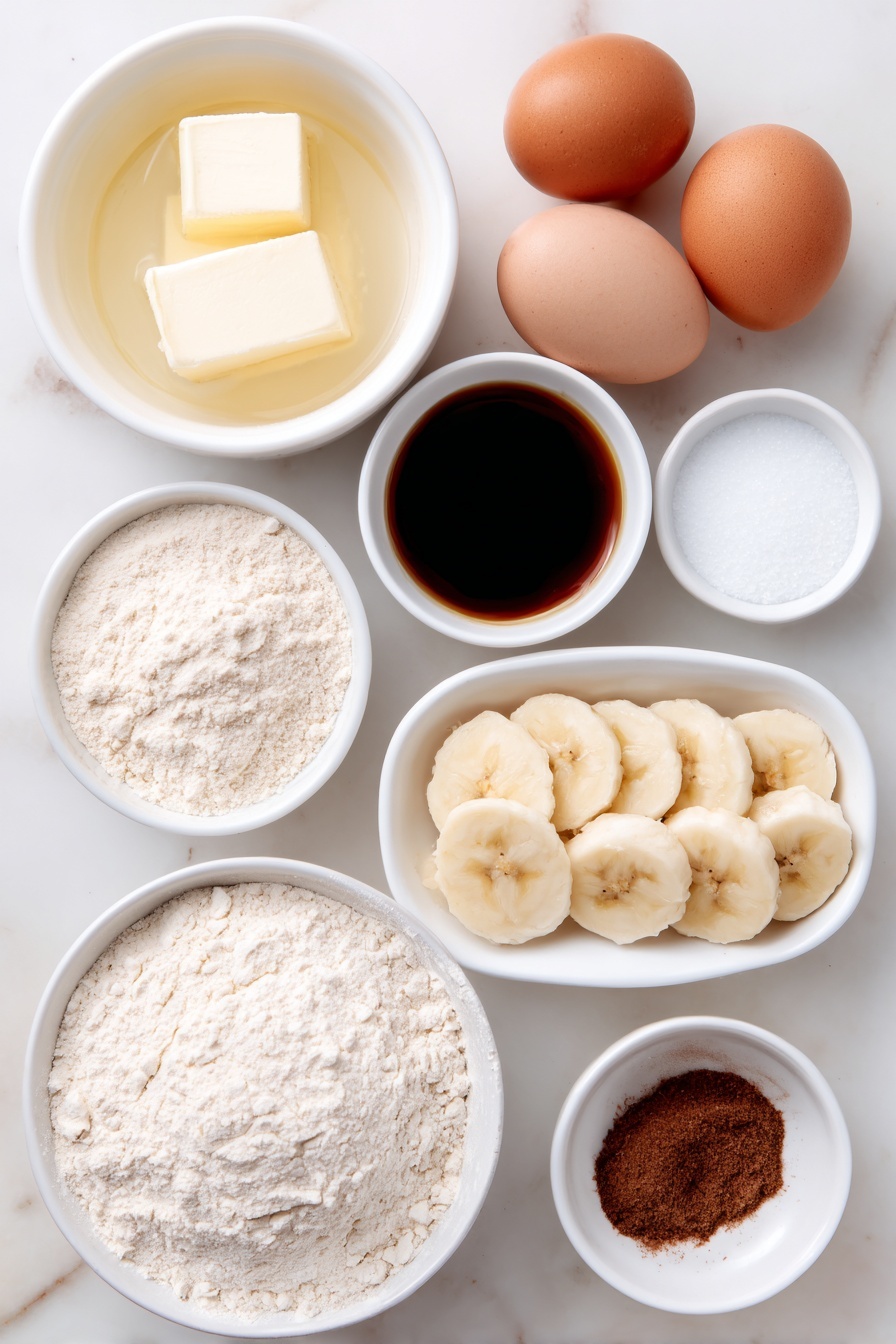 Cinnamon Swirl Banana Bread, banana bread with cinnamon swirl, moist banana bread recipe, quick banana bread, easy cinnamon swirl recipe - Flat lay of two sticks of unsalted butter melted in a small white ceramic bowl, a small white bowl of granulated sugar, two whole uncracked brown eggs, a small white bowl of vanilla extract, a small white bowl of all-purpose flour, a small white bowl of baking soda, a small white bowl of mashed ripe bananas, a small white bowl with a mixture of melted butter, granulated sugar, dark brown sugar, and ground cinnamon, six thin slices of ripe banana arranged neatly on a white ceramic plate placed on a clean white marble surface, soft natural light, photo taken with an iPhone, professional food photography style, fresh ingredients, white ceramic bowls, no bottles, no duplicates, no utensils, no packaging --ar 2:3 --v 7 --p m7354615311229779997