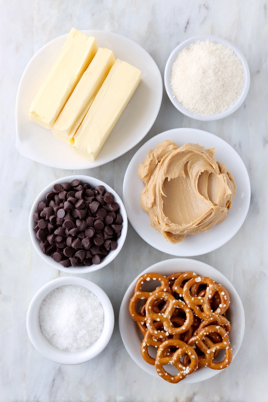 Chocolate Dipped Peanut Butter Pretzel Bites, peanut butter pretzel treats, salty sweet snack recipes, easy dessert bites, chocolate dipped pretzels - Flat lay of a small mound of creamy peanut butter on a white ceramic plate, a few sticks of salted butter slightly softened on a simple white dish, a small white bowl filled with granulated white sugar, a tiny white bowl holding fine sea salt, a small white bowl of powdered sugar, a neat pile of golden mini twist pretzels arranged next to the bowls, and a small white bowl filled with glossy dark chocolate chips, all placed on a clean white marble surface, soft natural light, photo taken with an iPhone, professional food photography style, fresh ingredients, white ceramic bowls, no bottles, no duplicates, no utensils, no packaging --ar 2:3 --v 7 --p m7354615311229779997