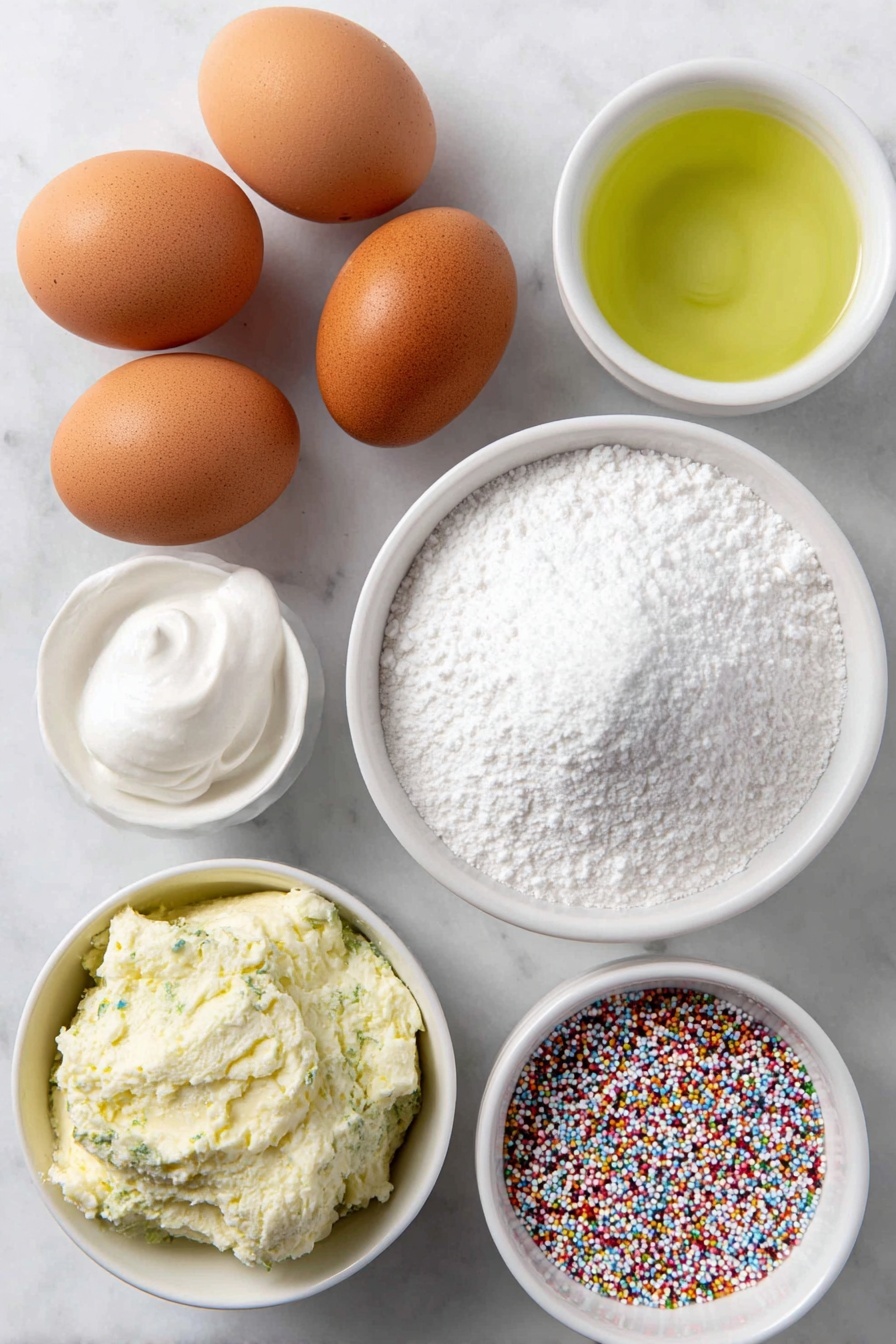 Green Christmas Meringue Cookies, festive holiday cookies, easy meringue recipes, Christmas cookies for gifting, colorful holiday treats - Flat lay of four whole brown eggs with clean shells, a small white ceramic bowl filled with fine white granulated sugar, a small white ceramic bowl containing white cream of tartar powder, a small white ceramic bowl holding clear pure vanilla extract, a small white ceramic bowl with bright green food gel, and a small white ceramic bowl filled with colorful assorted sprinkles, all arranged in perfect symmetry on a clean white marble surface, soft natural light, photo taken with an iPhone, professional food photography style, fresh ingredients, white ceramic bowls, no bottles, no duplicates, no utensils, no packaging --ar 2:3 --v 7 --p m7354615311229779997