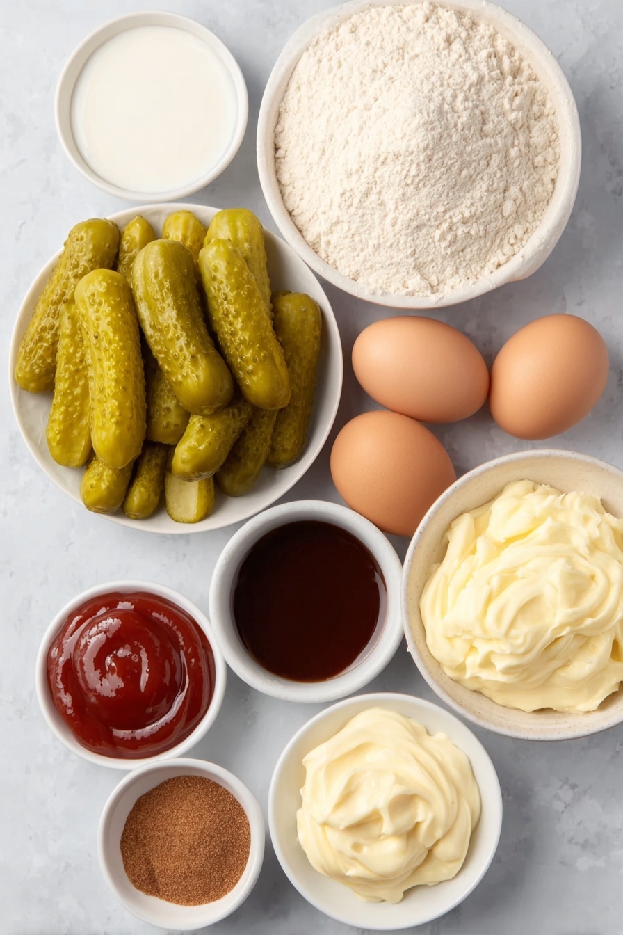 Crispy Fried Pickles with Dipping Sauce, crispy fried pickles, easy pickle appetizer, homemade fried pickles, flavorful dipping sauce - Flat lay of a small pile of fresh kosher dill pickles sliced just shy of a quarter inch, a small mound of all purpose flour, a few whole brown eggs with clean shells, a small white ceramic bowl of buttermilk, a small white ceramic bowl of vegetable oil, a small white ceramic bowl containing a blend of ground black pepper, paprika, cayenne pepper, garlic powder, a small white ceramic bowl with creamy ranch dressing, a small white ceramic bowl with glossy BBQ sauce, a small white ceramic bowl with smooth ketchup, a small white ceramic bowl with pale mayonnaise, placed on a clean white marble surface, soft natural light, photo taken with an iPhone, professional food photography style, fresh ingredients, white ceramic bowls, no bottles, no duplicates, no utensils, no packaging --ar 2:3 --v 7 --p m7354615311229779997