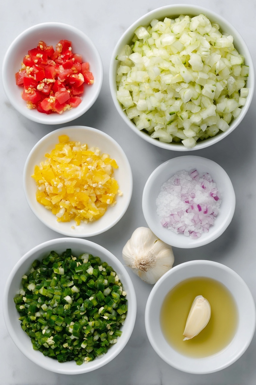 Dill Pickle Salsa, Dill Pickle Salsa recipe, tangy pickle salsa, crunchy pickle salsa, quick salsa recipe - Flat lay of a small white ceramic bowl filled with finely diced seedless cucumber, a small white bowl with finely diced dill pickles, a small white bowl holding finely diced sweet onion, a small white bowl containing finely diced red bell pepper, a single peeled garlic clove, a small white bowl with bright green minced fresh jalapeño, a small white bowl with tiny pieces of fresh orange habanero, a small white bowl of clear pickle brine, and a small white bowl of coarse kosher salt, all arranged symmetrically and balanced, placed on a clean white marble surface, soft natural light, photo taken with an iPhone, professional food photography style, fresh ingredients, white ceramic bowls, no bottles, no duplicates, no utensils, no packaging --ar 2:3 --v 7 --p m7354615311229779997