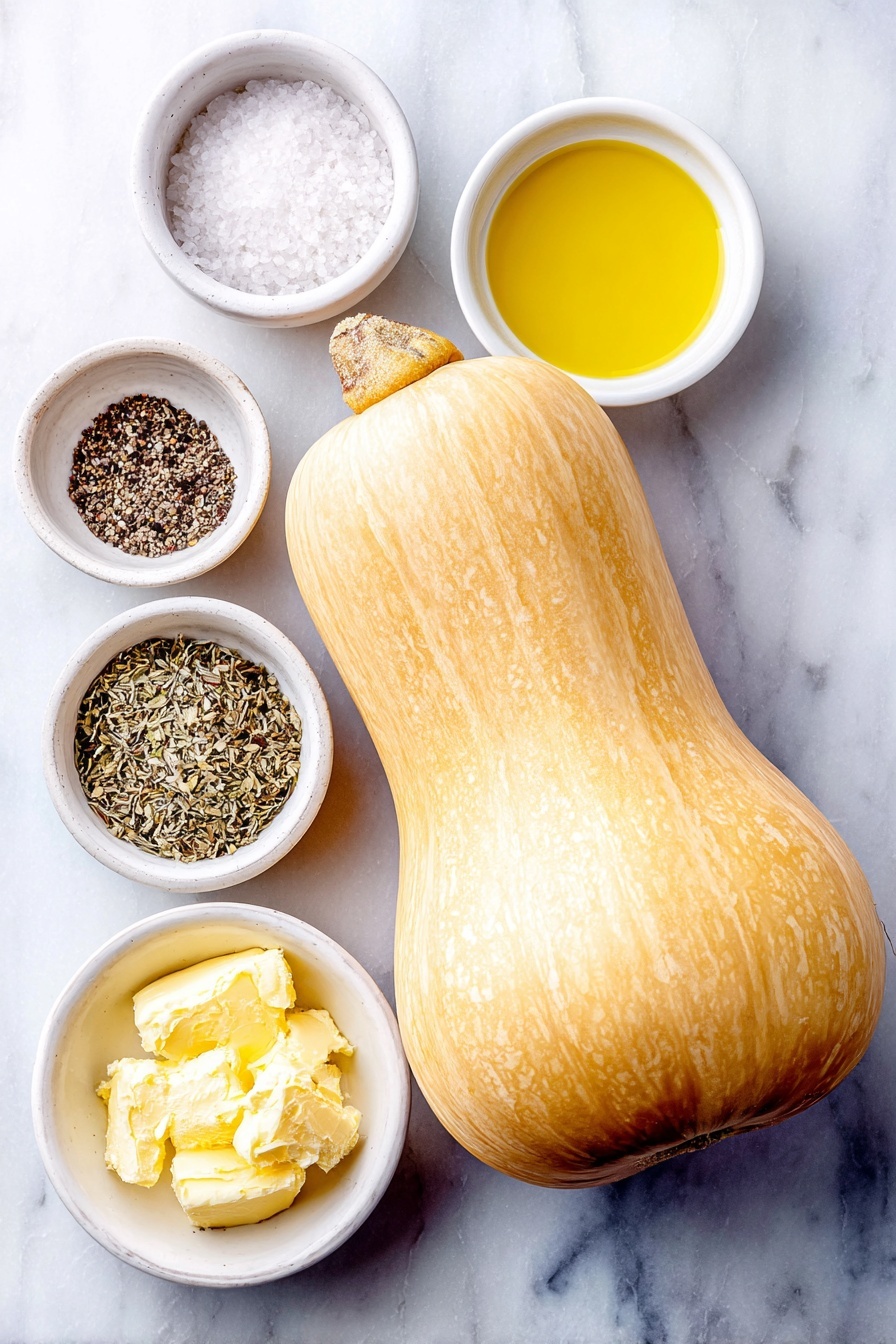 Roasted Butternut Squash with Herbs, roasted squash recipes, healthy vegetable side dish, easy fall side dish, flavorful roasted squash - Flat lay of a medium whole butternut squash, a small white ceramic bowl filled with golden olive oil, a small white bowl of coarse white salt, a small white bowl of cracked black pepper, a small white bowl of mixed dried Italian herbs, a small white bowl of pale beige garlic powder, a small white bowl containing rich golden melted butter, all arranged symmetrically on a clean white marble surface, soft natural light, photo taken with an iPhone, professional food photography style, fresh ingredients, white ceramic bowls, no bottles, no duplicates, no utensils, no packaging --ar 2:3 --v 7 --p m7354615311229779997