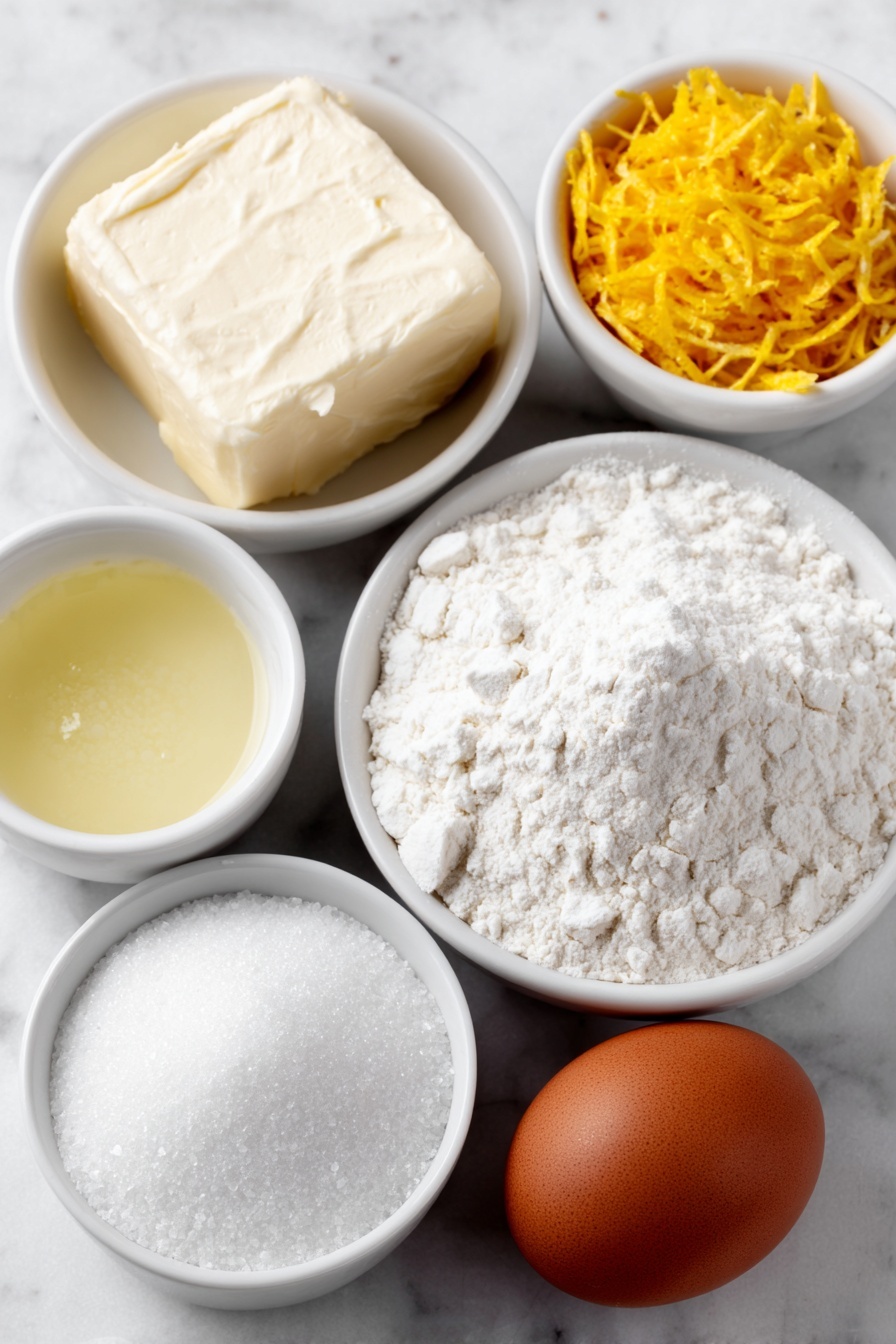 Lemon Cookies, Lemon Cookies Recipe, Easy Lemon Cookies, Soft Lemon Cookies, Chewy Lemon Cookies - Flat lay of a large square of unsalted butter with a creamy texture, a small mound of granulated white sugar, a neat pile of bright yellow fresh lemon zest strands, a small white ceramic bowl filled with fresh pale yellow lemon juice, one large uncracked brown egg with a smooth shell, a small white ceramic bowl heaped with fine all-purpose flour, a small white ceramic bowl containing white baking soda powder, a tiny white ceramic bowl with fine salt crystals, and a small white ceramic bowl filled with extra granulated white sugar for rolling, all arranged in perfect symmetry on a clean white marble surface, soft natural light, photo taken with an iPhone, professional food photography style, fresh ingredients, white ceramic bowls, no bottles, no duplicates, no utensils, no packaging --ar 2:3 --v 7 --p m7354615311229779997