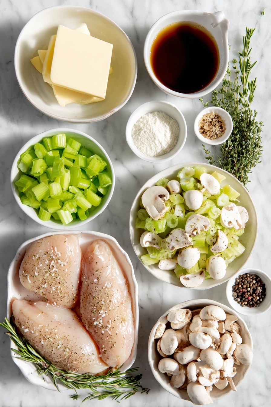 Creamy Chicken Mushroom Soup, hearty chicken mushroom soup, easy homemade soup, comforting mushroom soup, quick creamy chicken soup - Flat lay of unsalted butter in a small white ceramic bowl, a large peeled and chopped sweet onion on a white plate, chopped celery on a white plate, several peeled garlic cloves scattered neatly, an assortment of fresh sliced mushrooms on a white ceramic dish, fresh chopped rosemary sprigs, dried thyme in a small white bowl, dry sherry in a small white bowl, two whole boneless chicken breasts, clear chicken broth in a small white bowl, heavy cream in a small white bowl, cornstarch in a small white bowl, chopped fresh parsley on a white plate, coarse salt and whole black peppercorns in small white bowls, all arranged symmetrically and balanced, placed on a clean white marble surface, soft natural light, photo taken with an iPhone, professional food photography style, fresh ingredients, white ceramic bowls, no bottles, no duplicates, no utensils, no packaging --ar 2:3 --v 7 --p m7354615311229779997