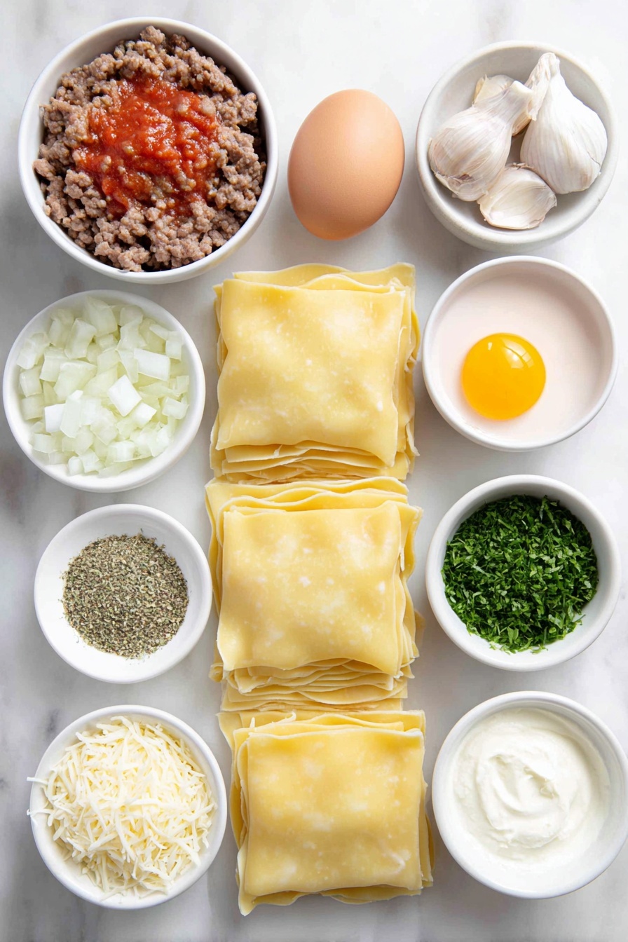 Cheesy Beef Lasagna Roll-Ups, lasagna roll-ups recipe, easy cheesy beef dinner, family-friendly lasagna, comfort food ideas - Flat lay of twelve cooked lasagna noodles arranged neatly, a mound of fresh ground beef, a small white ceramic bowl filled with vibrant red marinara sauce, a small white bowl of diced white onion, three peeled garlic cloves, a whole clean large brown egg, a small white bowl of creamy ricotta cheese, a small white bowl with shredded pale yellow parmesan cheese, a small white bowl of shredded white mozzarella cheese, a small white bowl of chopped fresh green parsley, a pinch of dried oregano and ground black pepper sprinkled beside the bowls, all ingredients fresh and natural, perfectly balanced and symmetrical, placed on a clean white marble surface, soft natural light, photo taken with an iPhone, professional food photography style, fresh ingredients, white ceramic bowls, no bottles, no duplicates, no utensils, no packaging --ar 2:3 --v 7 --p m7354615311229779997