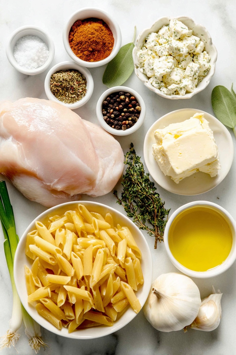 Creamy Cajun Chicken Pasta, Cajun pasta with chicken, quick creamy pasta, spicy chicken pasta, easy one-pot Cajun dish - Flat lay of smoked paprika powder in a small white bowl, fresh oregano sprigs, fresh thyme sprigs, garlic powder in a small white bowl, onion powder in a small white bowl, cayenne pepper powder in a small white bowl, black peppercorns in a small white bowl, coarse salt in a small white bowl, a small pool of golden olive oil in a white bowl, a pat of creamy butter on a white ceramic plate, raw boneless skinless chicken breast, a whole yellow onion, uncooked penne pasta scattered, a small white bowl filled with fire roasted diced tomatoes, a small white bowl with clear chicken broth, chunks of cream cheese on a white plate, three fresh green onions whole and uncut, all ingredients arranged symmetrically and balanced, placed on a clean white marble surface, soft natural light, photo taken with an iPhone, professional food photography style, fresh ingredients, white ceramic bowls, no bottles, no duplicates, no utensils, no packaging --ar 2:3 --v 7 --p m7354615311229779997